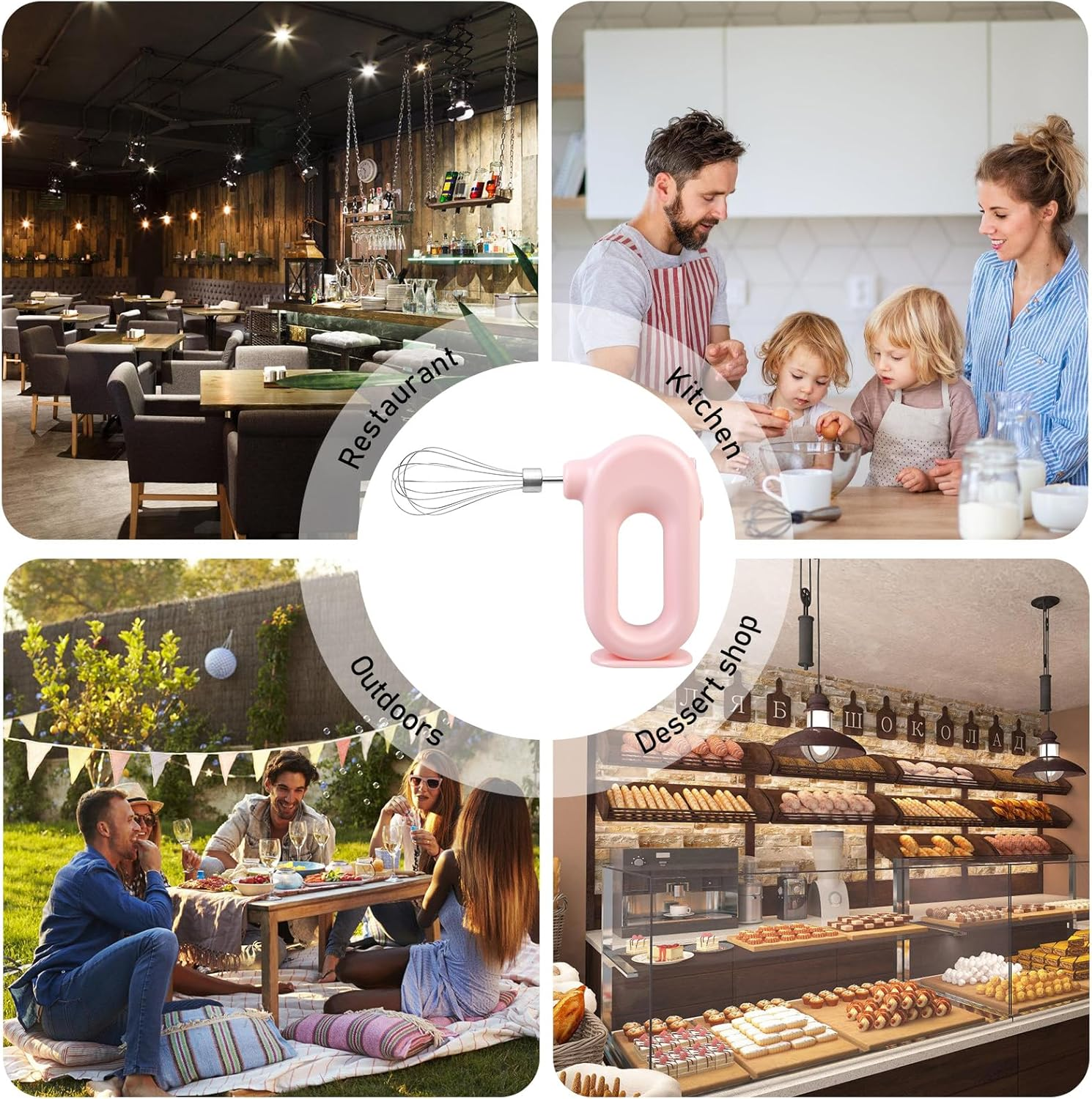Eine Collage mit einem Restaurant, einer Küche, einem Außenbereich und einem Dessert-Shop. Ein pinker Mixer befindet sich in der Mitte der Collage.