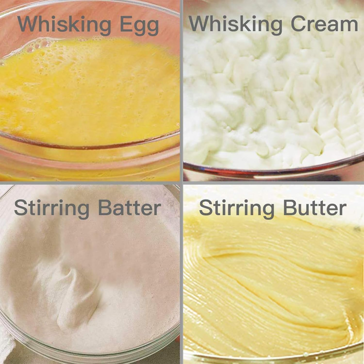 Vier Bilder: Eier, Sahne, Teig und Butter verrühren. Jedes in einer Glasschüssel, die verschiedene Phasen der Zubereitung zeigt.