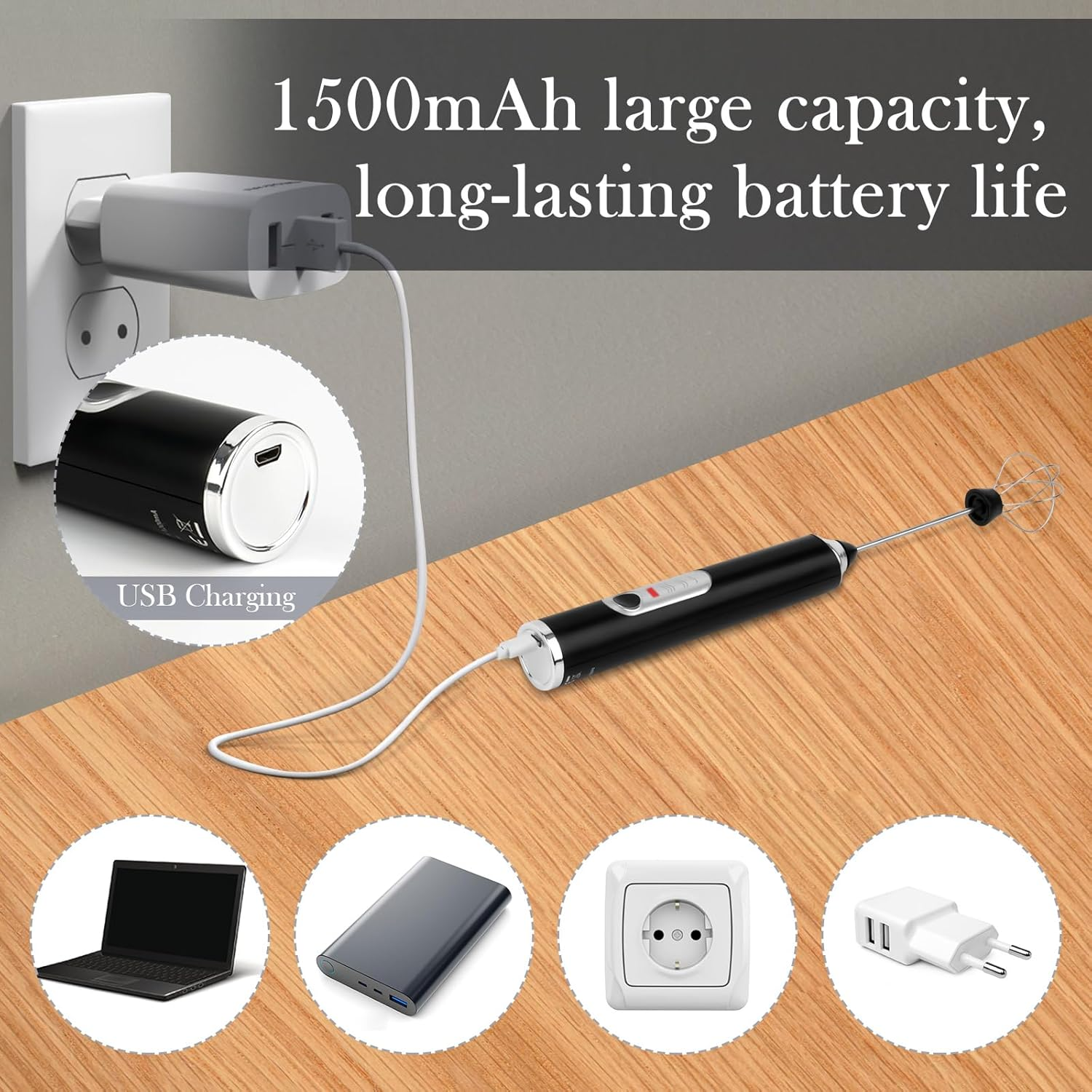 Ein schwarzer und silberner Handmixer wird geladen. Ein Laptop, eine Powerbank, eine Steckdose und ein Ladegerät sind ebenfalls abgebildet. Text: 1500mAh große Kapazität.