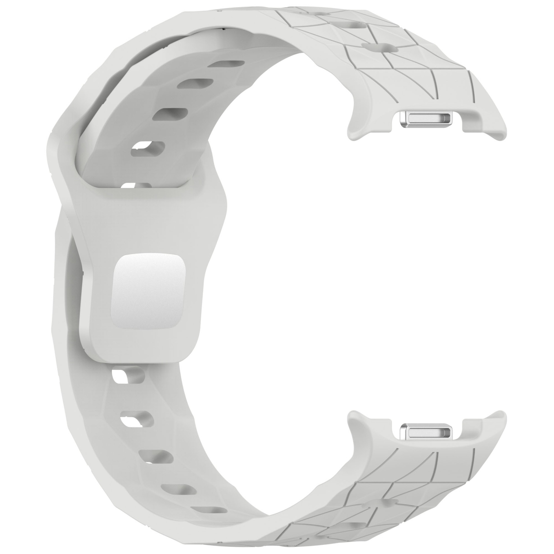 Ein weißes Armband mit geometrischem Design. Es ist gebogen und hat Öffnungen zur Anpassung und zum Anbringen an einer Uhr.