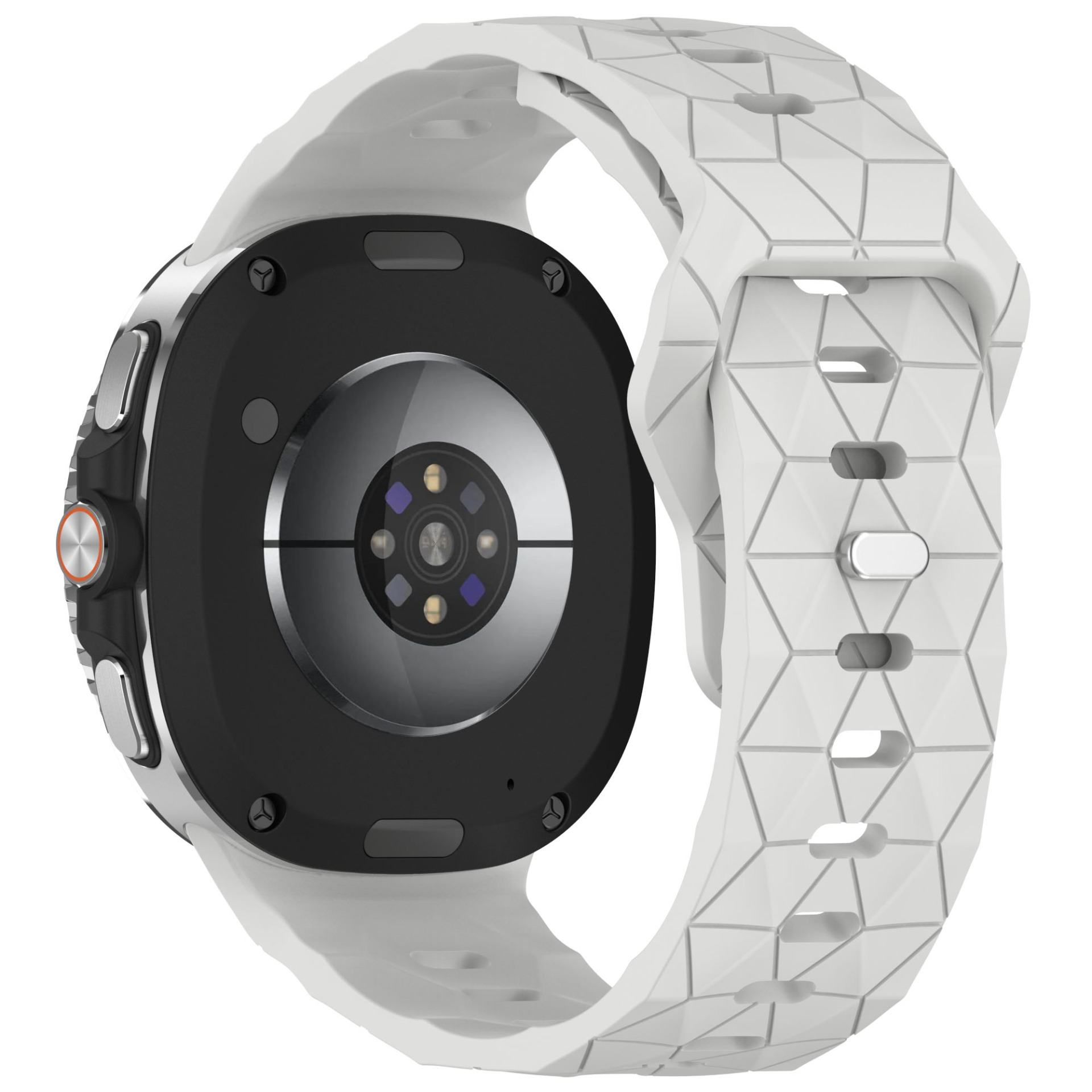 Smartwatch mit weißem geometrischen Armband, schwarzem Zifferblatt, silberner Lünette und orangefarbener Taste. Rückseite zeigt Sensor.