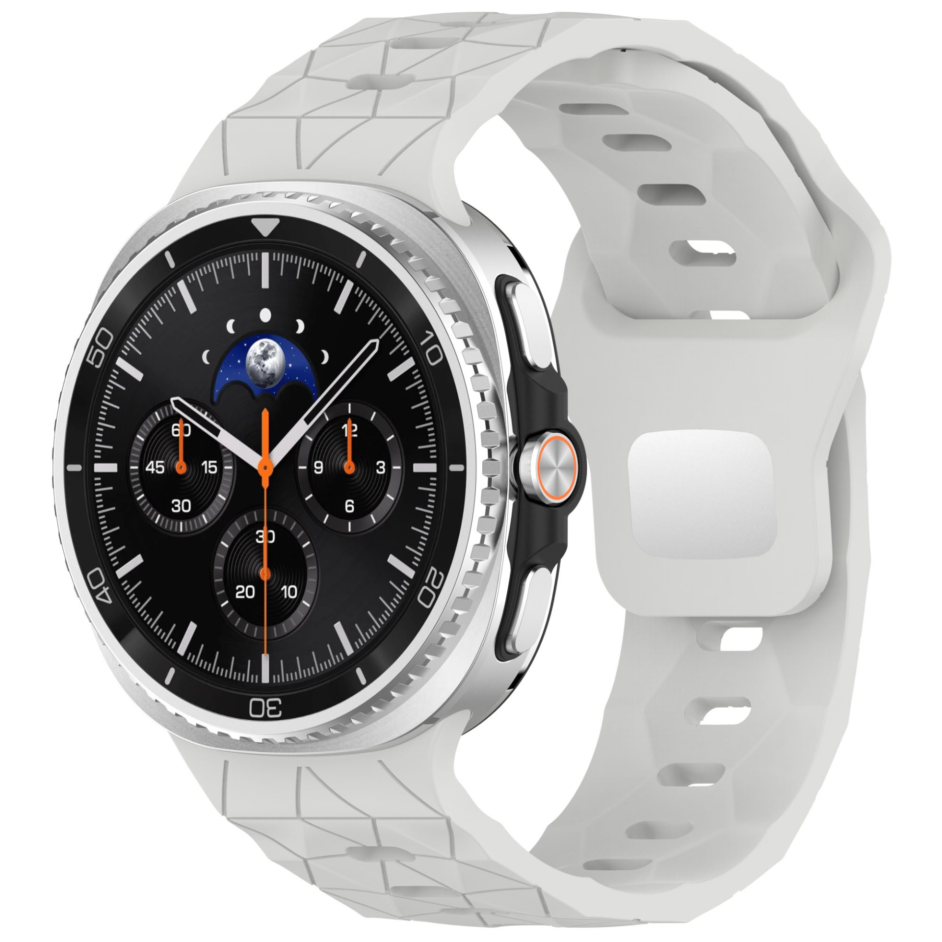 Eine weiße Smartwatch mit schwarzem Zifferblatt, silberner Lünette und weißem Armband. Das Zifferblatt zeigt Zeit und Mondphase.