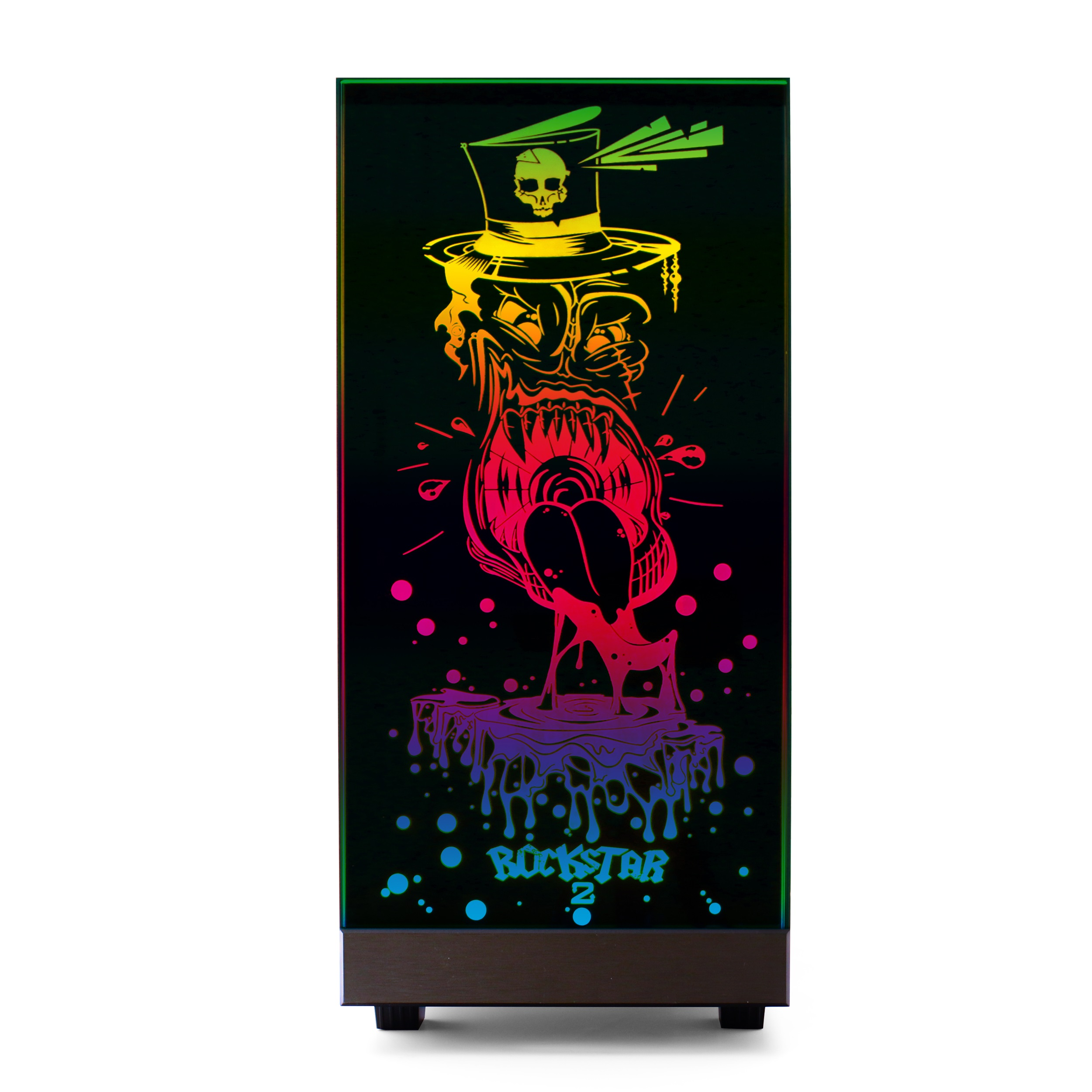 Ein schwarzes Display mit einem farbenfrohen Totenkopf-Design, einem Zylinder und den Worten 'ROCKSTAR 2'.
