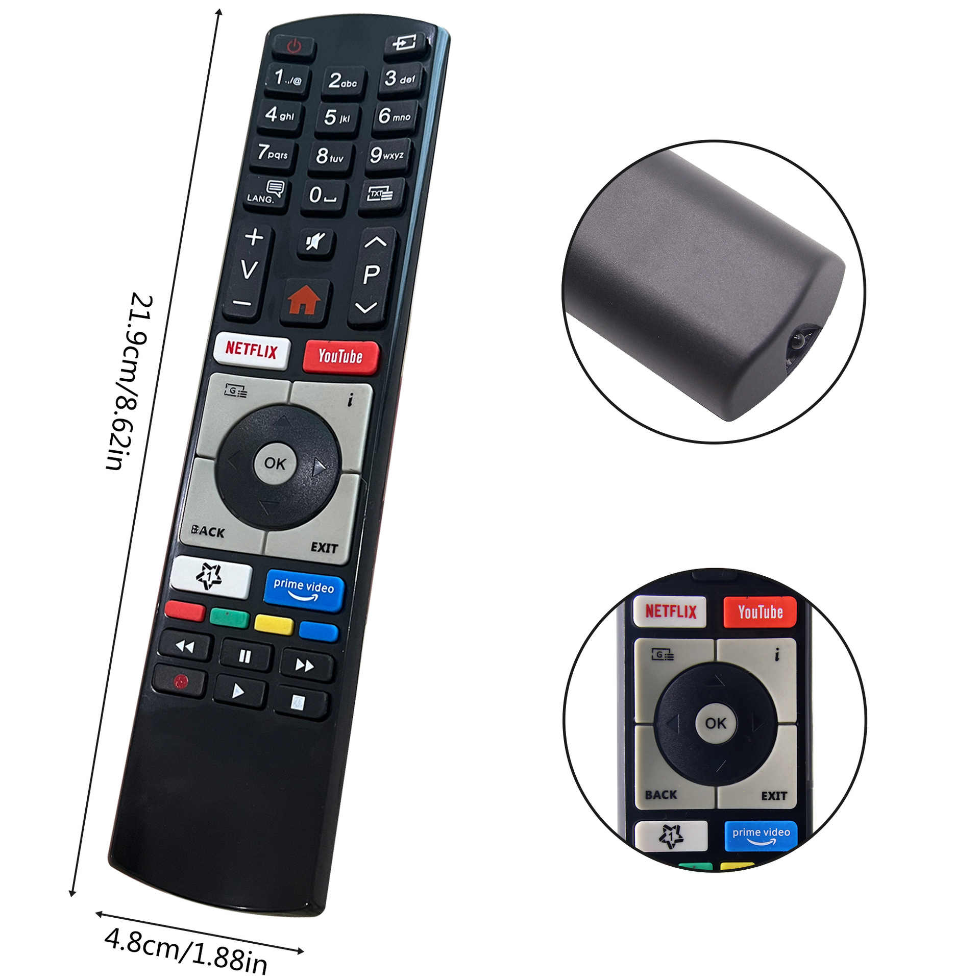Schwarze TV-Fernbedienung mit Tasten, einschließlich Netflix und YouTube. Nahaufnahme vom Ende und den Tasten.