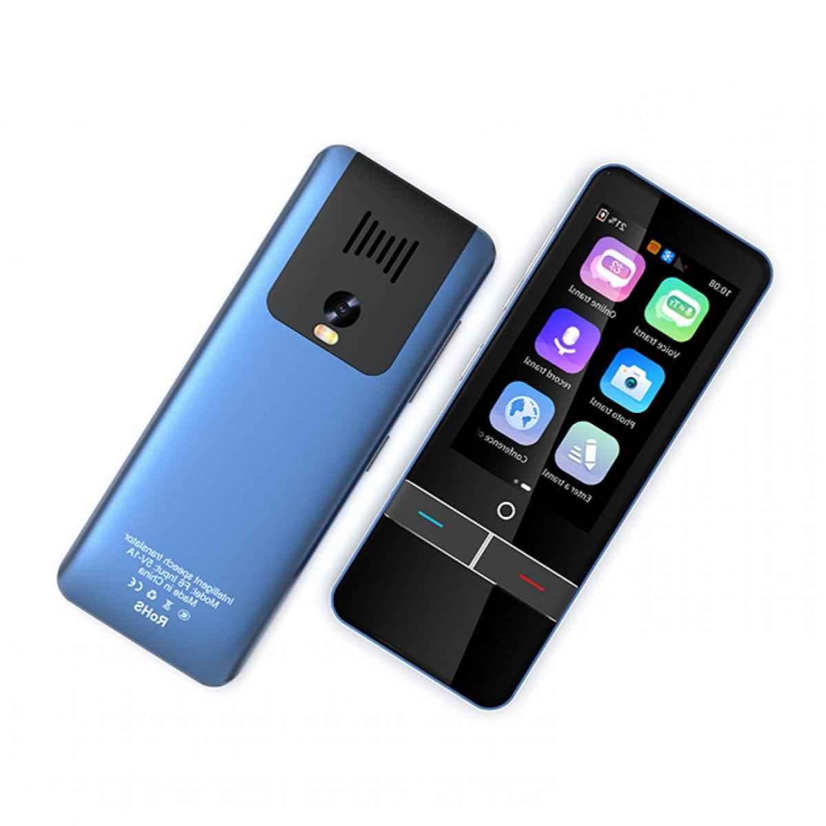 Zwei blaue und schwarze Übersetzungsgeräte. Eines zeigt einen Bildschirm mit bunten App-Symbolen. Das andere hat einen Lautsprecher und eine Kamera.