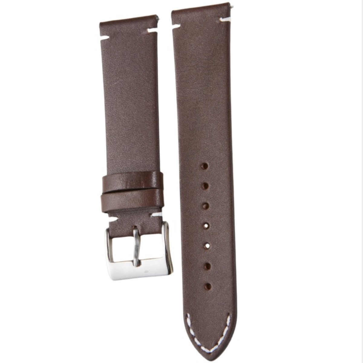 Zwei braune Leder-Uhrenarmbänder mit weißen Nähten. Ein Armband hat eine Schnalle, das andere hat Löcher zur Anpassung, alles auf weißem Hintergrund.