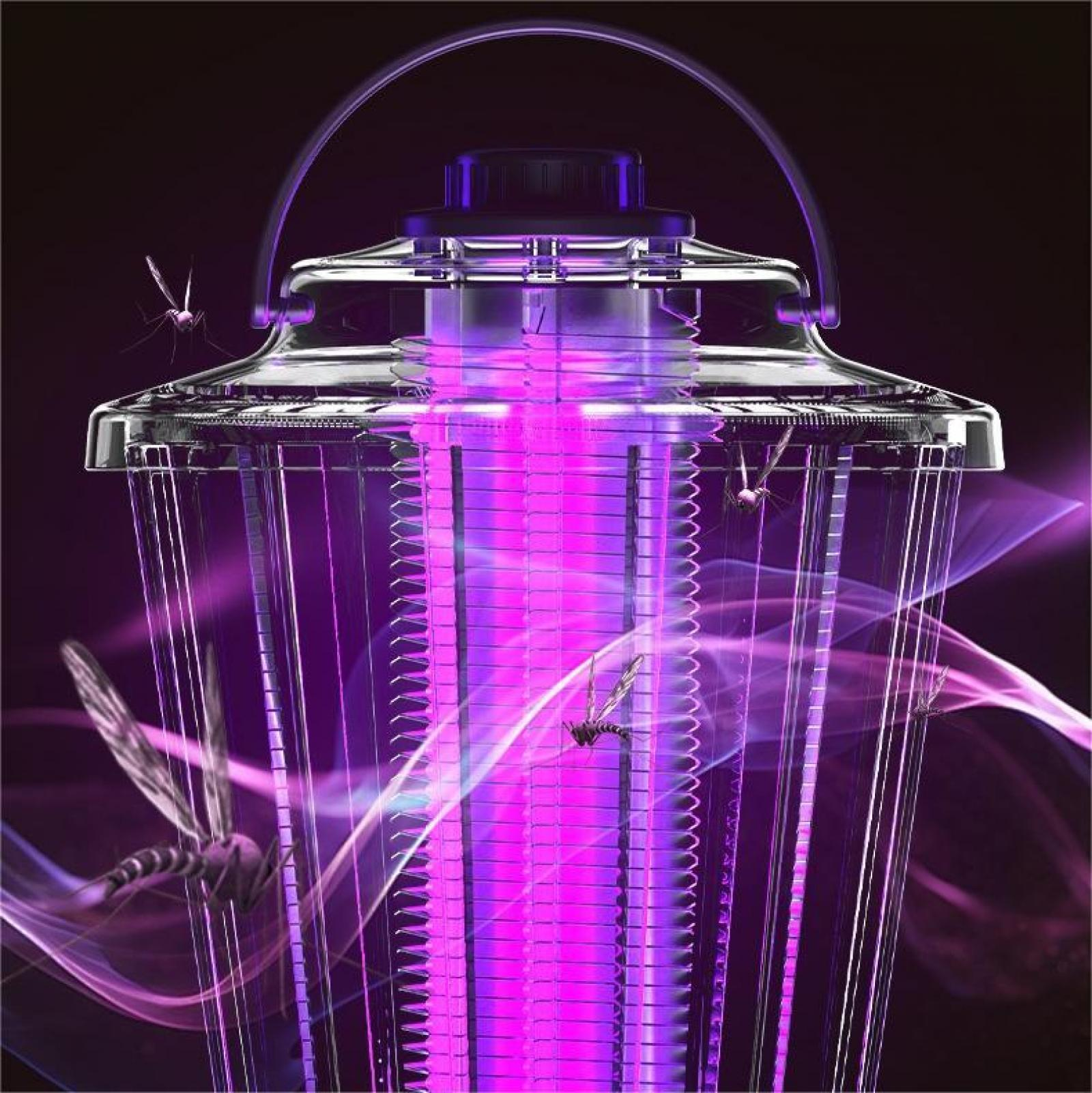 Ein Insektenvernichter mit violettem Licht lockt Mücken an. Mehrere Mücken fliegen um den Zapper, mit dunklem Hintergrund.