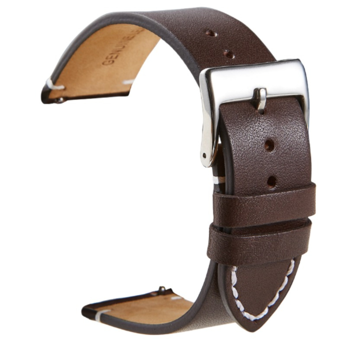 Ein braunes Leder-Uhrenarmband mit einer silbernen Schnalle. Weiße Nähte zieren die Kanten. Die Innenseite ist hellbraun mit 'GENUINE'.