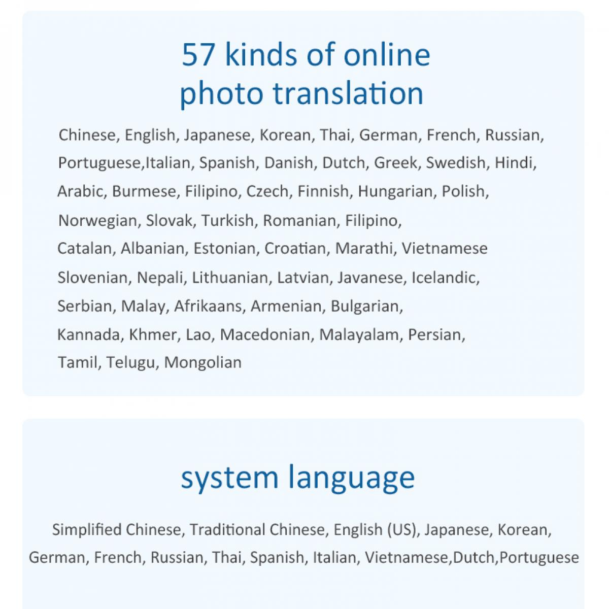 Der Text listet 57 Sprachen für die Fotoübersetzung auf, darunter Englisch. Darunter werden Systemsprachen aufgelistet.