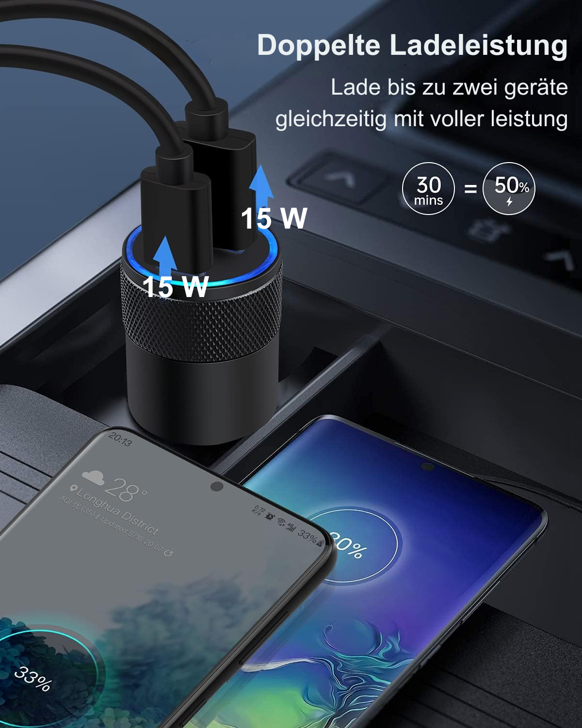 Ein Telefonladegerät mit zwei angeschlossenen Telefonen, eines bei 33 % und das andere bei 30 %. Das Ladegerät ist schwarz und hat eine Leistung von 15 W.