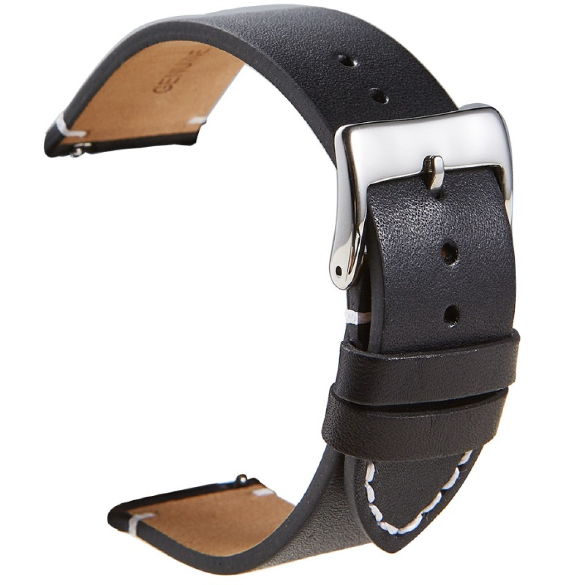 Ein schwarzes Lederarmband mit silberner Schnalle. Weiße Nähte sind sichtbar. Die Innenseite ist braun und mit "GENUINE" bedruckt.