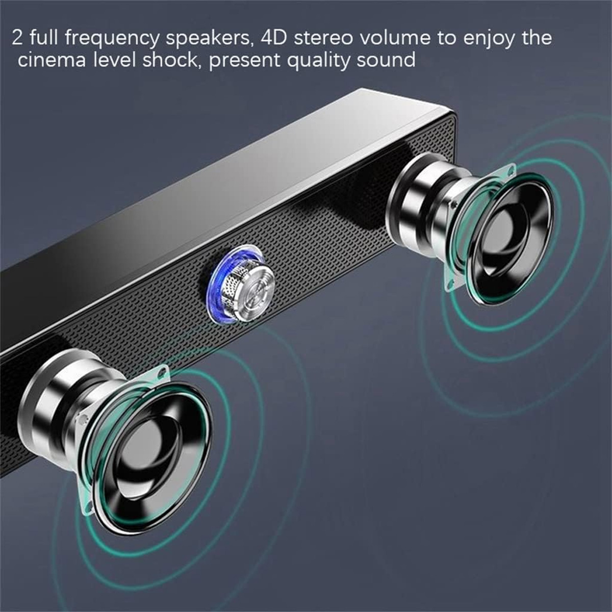 Eine schwarze Soundbar mit zwei Lautsprechern und einem Bedienknopf. Die Lautsprecher sind silberfarben und haben grüne Akzente.