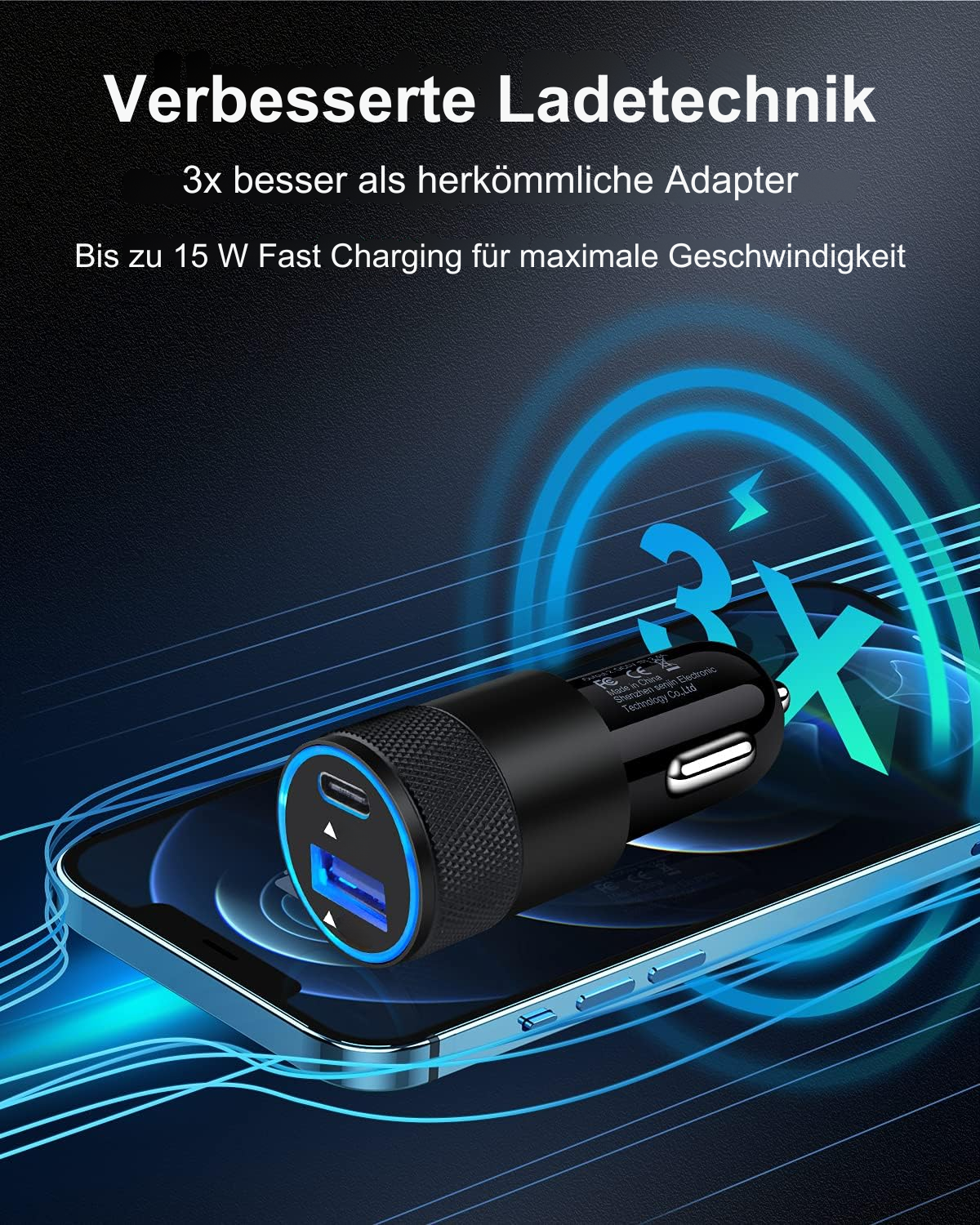 Schwarzes Autoladegerät auf einem Telefon mit blauem USB-Anschluss. Der Text oben lautet 'Verbesserte Ladetechnik'.