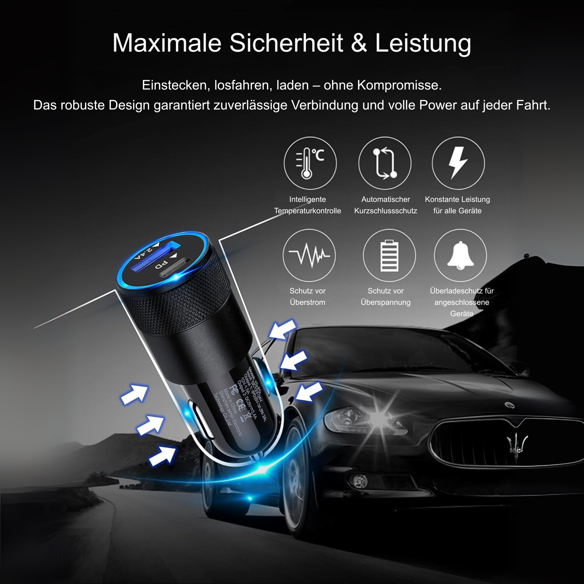 Ein schwarzes Autoladegerät wird mit verschiedenen Sicherheitssymbolen und einem Auto im Hintergrund gezeigt.