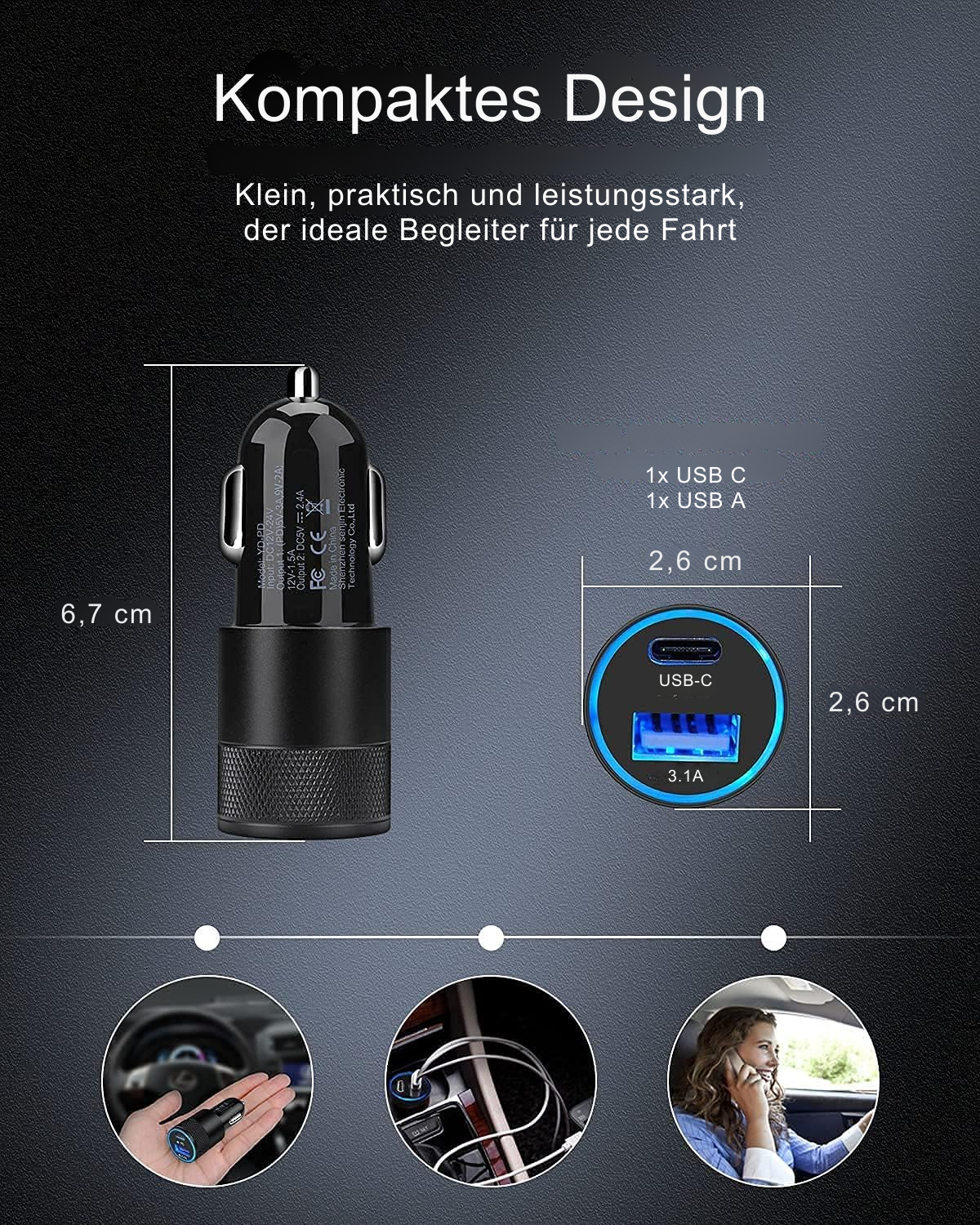 Schwarzes USB-Autoladegerät mit blauem USB-C-Anschluss. Abmessungen sind angegeben. Text auf Deutsch über das kompakte Design.