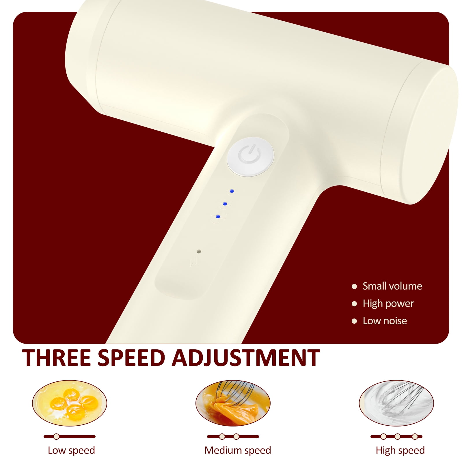 Ein weißer Handmixer mit Ein-/Ausschalter und Geschwindigkeitsanzeigen sowie Bildern von Eiern und Sahne.