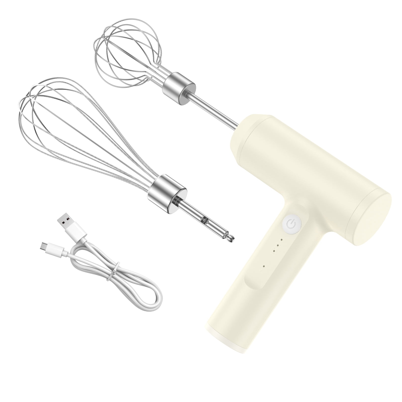 Ein cremefarbener Handmixer mit zwei Schneebesen und einem USB-Ladekabel auf weißem Hintergrund.