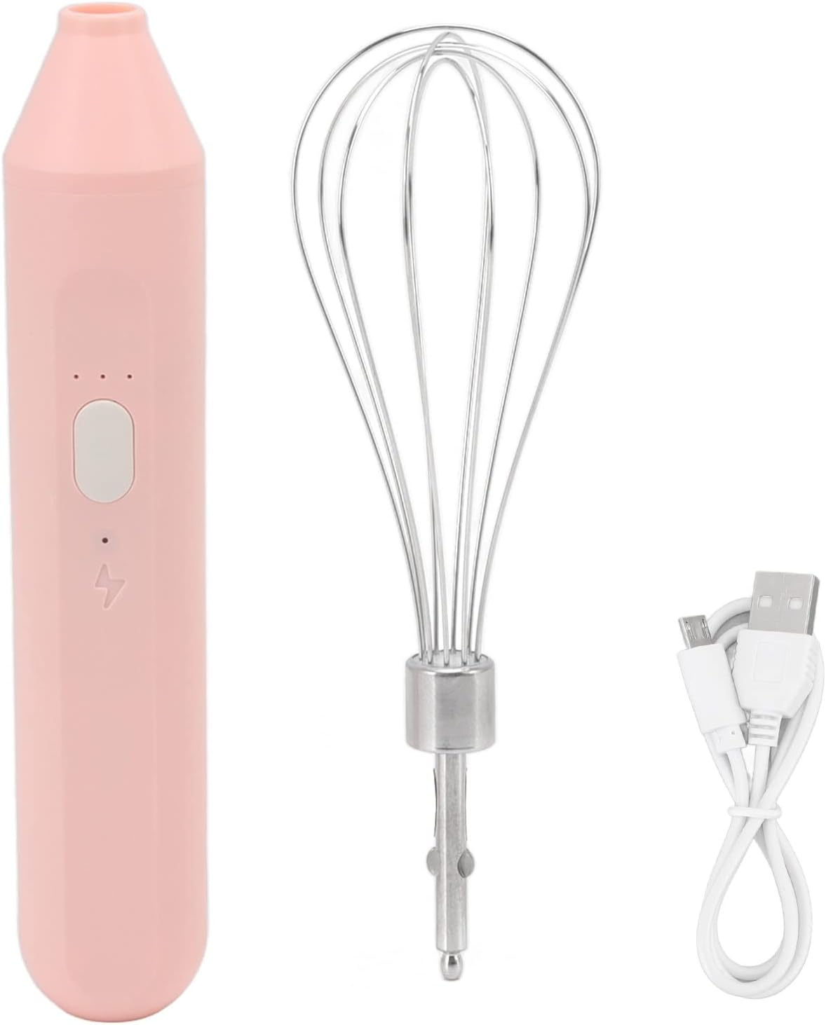 Ein rosa Milchaufschäumer mit Schneebesenaufsatz und USB-Ladekabel, alles auf weißem Hintergrund.