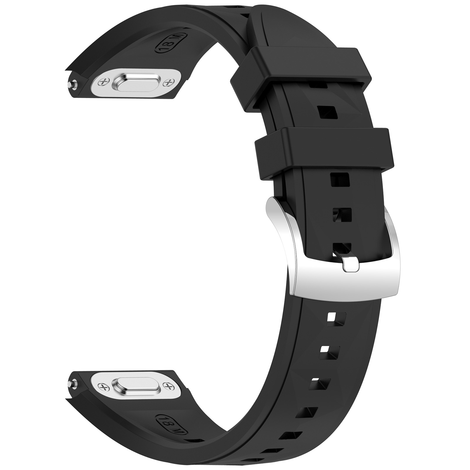 Un cinturino nero con fibbia argentata. Ha un design curvo ed è fatto di gomma. Sfondo bianco.