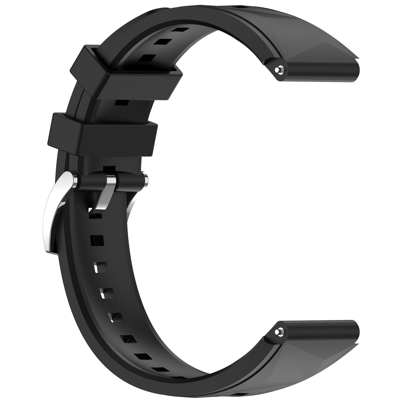 Cinturino nero per orologio, forma curva, con fibbia e perno argentati. È in gomma e ha un design classico.