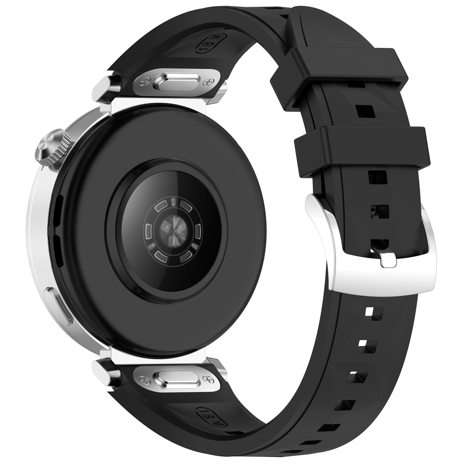 Uno smartwatch nero con lunetta e cinturino argentati, il retro ha un sensore di frequenza cardiaca. Il cinturino è allacciato.