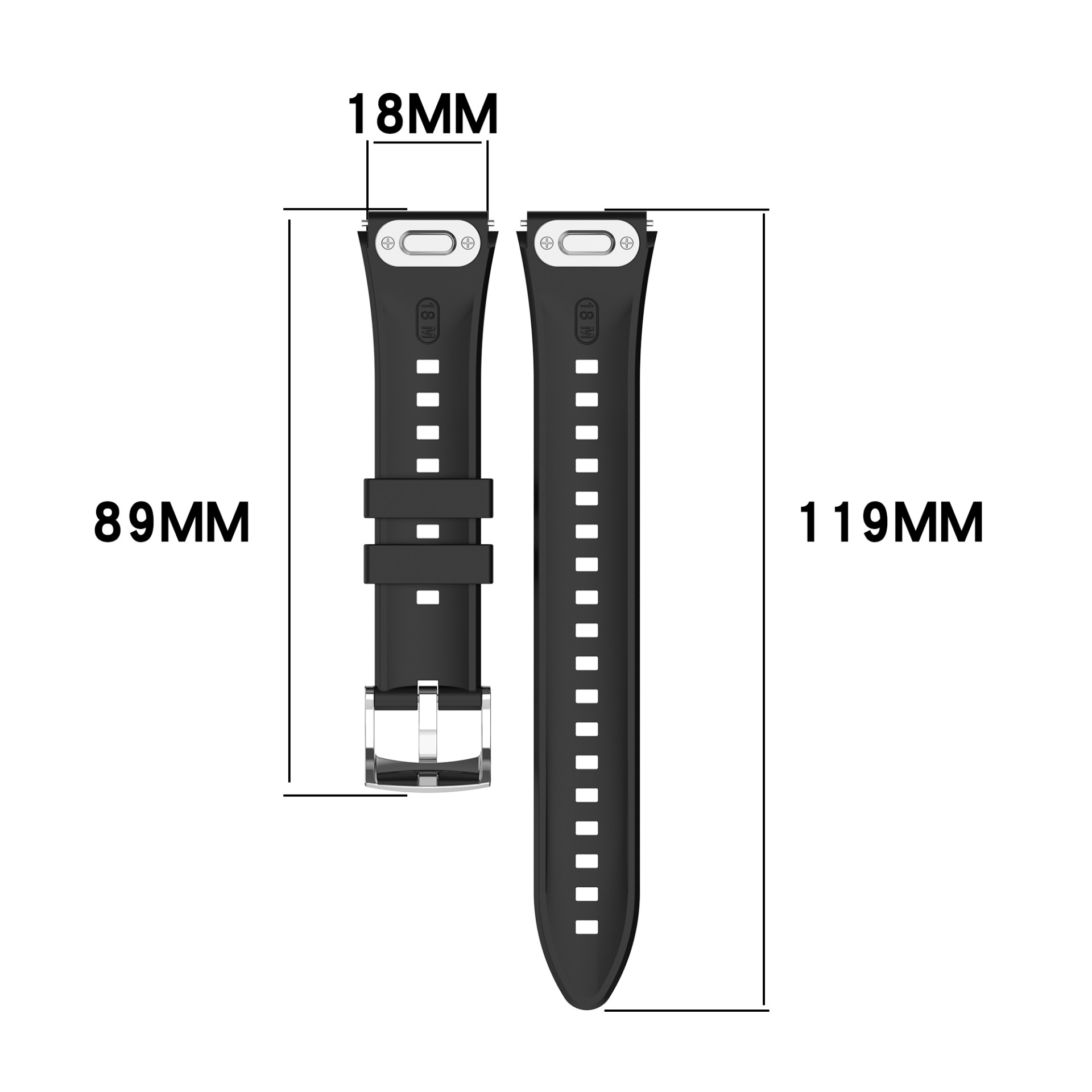 Due cinturini neri con misure: 89 mm e 119 mm di lunghezza, 18 mm di larghezza. Chiusura e fori argentati.