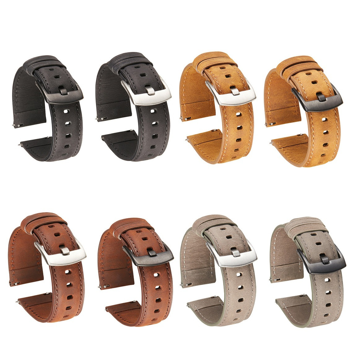 Otto cinturini per orologi di diversi colori, tra cui nero, marrone e beige. Ognuno ha una fibbia. Sono disposti su due file.