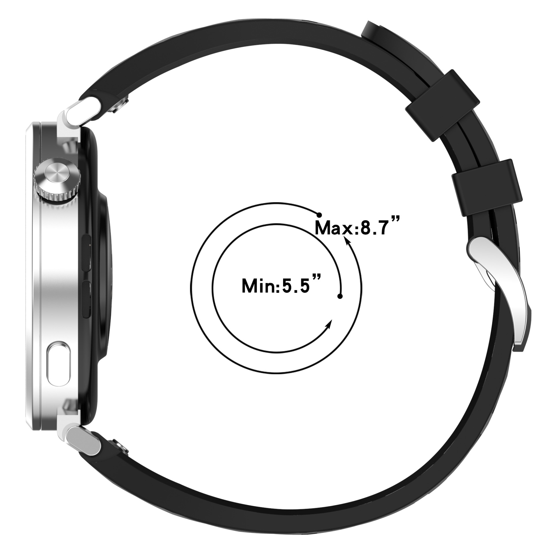 Vista laterale di uno smartwatch con cinturino nero. Mostra un intervallo di dimensioni da 5,5" a 8,7". L'orologio ha una cassa argentata.