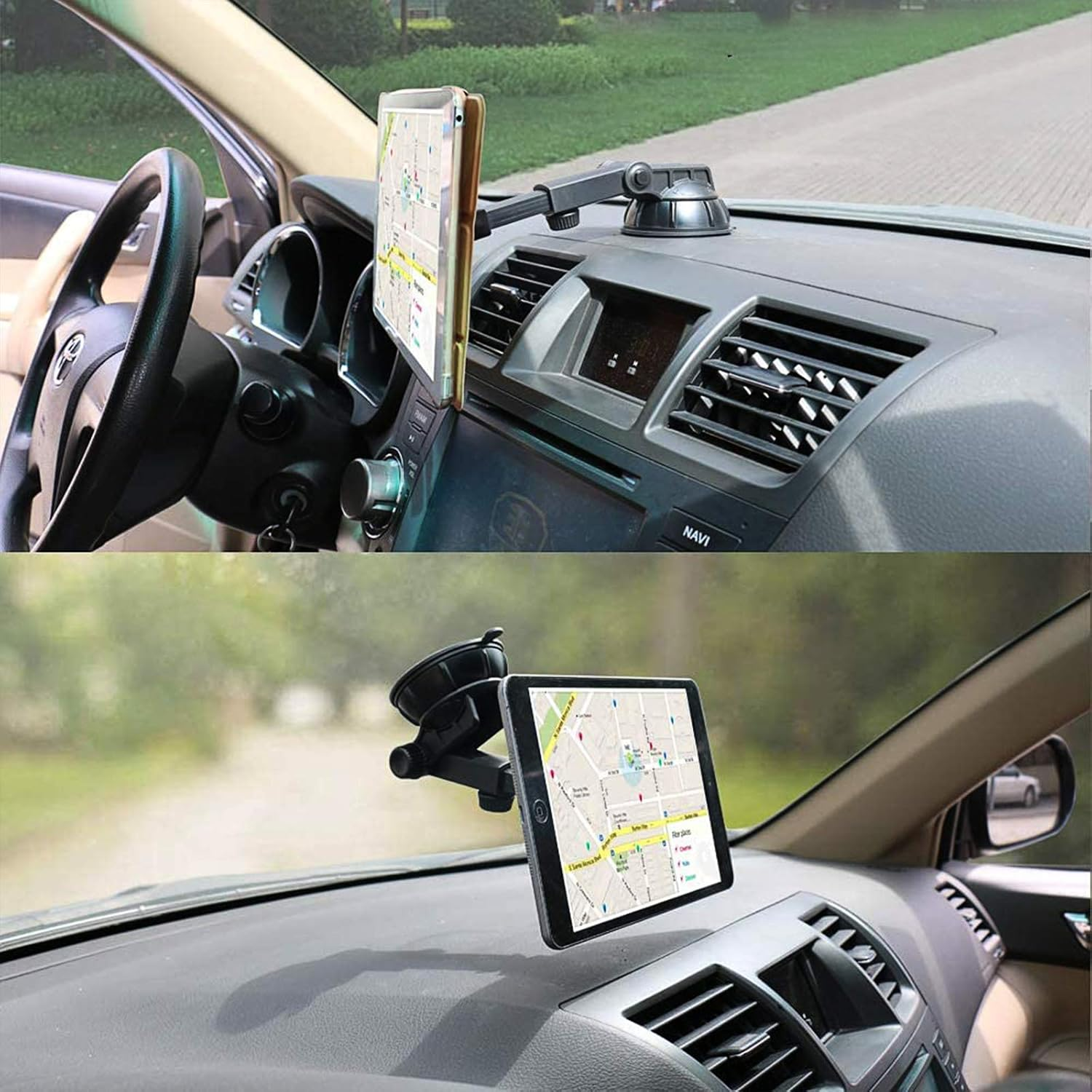 Zwei Ansichten eines Autoinnenraums mit einem Tablet mit Karte, das auf dem Armaturenbrett montiert ist. Lenkrad und Lüftungsschlitze sind sichtbar.