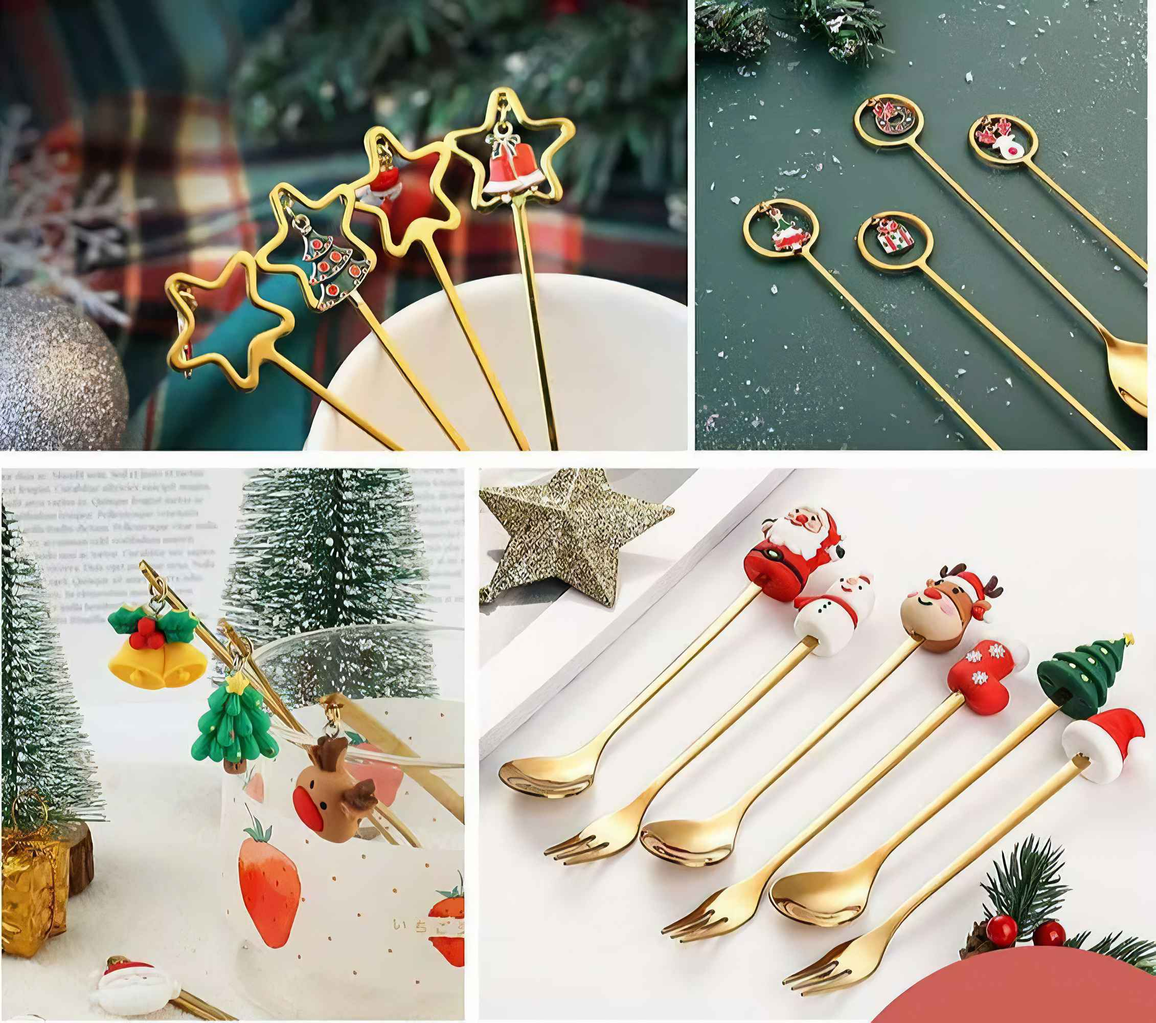 Weihnachtslöffel mit Verzierungen wie Sternen, Glocken und Weihnachtsmann. Verschiedene Designs auf den Löffeln, alle goldfarben.