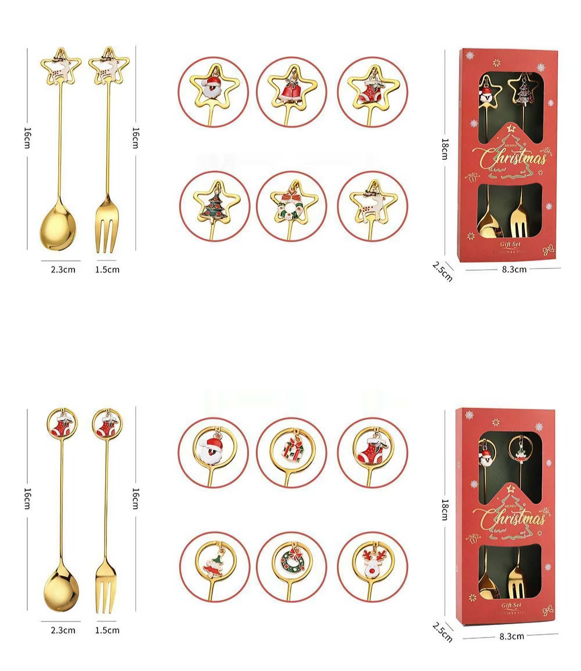 Weihnachtsgeschenkset. Löffel, Gabeln und Ornamente mit Feiertagsmotiven. Rote Box mit Text und Maßen.