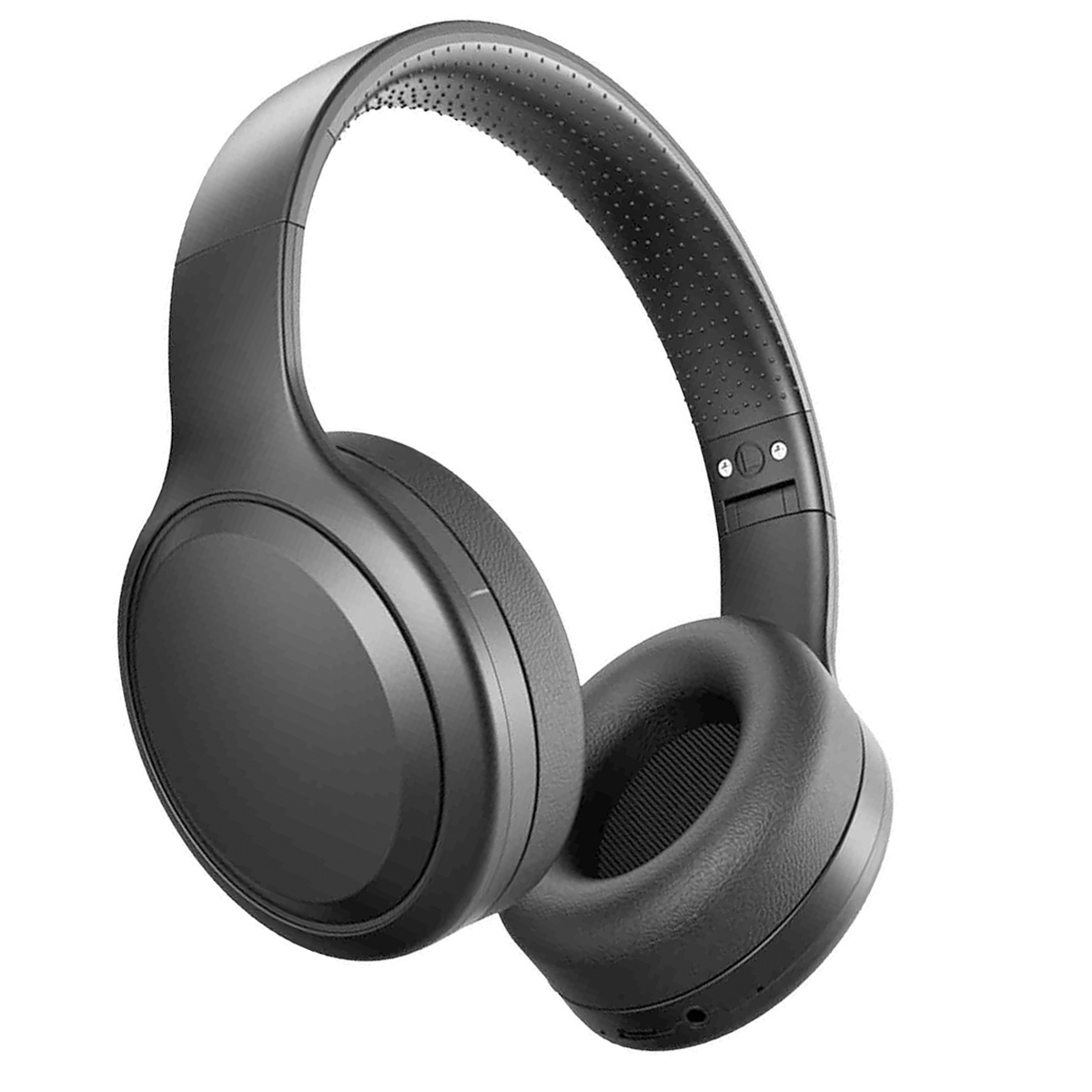 Schwarze Over-Ear-Kopfhörer, isoliert auf weißem Hintergrund. Ohrmuscheln und Kopfband sind sichtbar. Das Design ist modern und elegant.