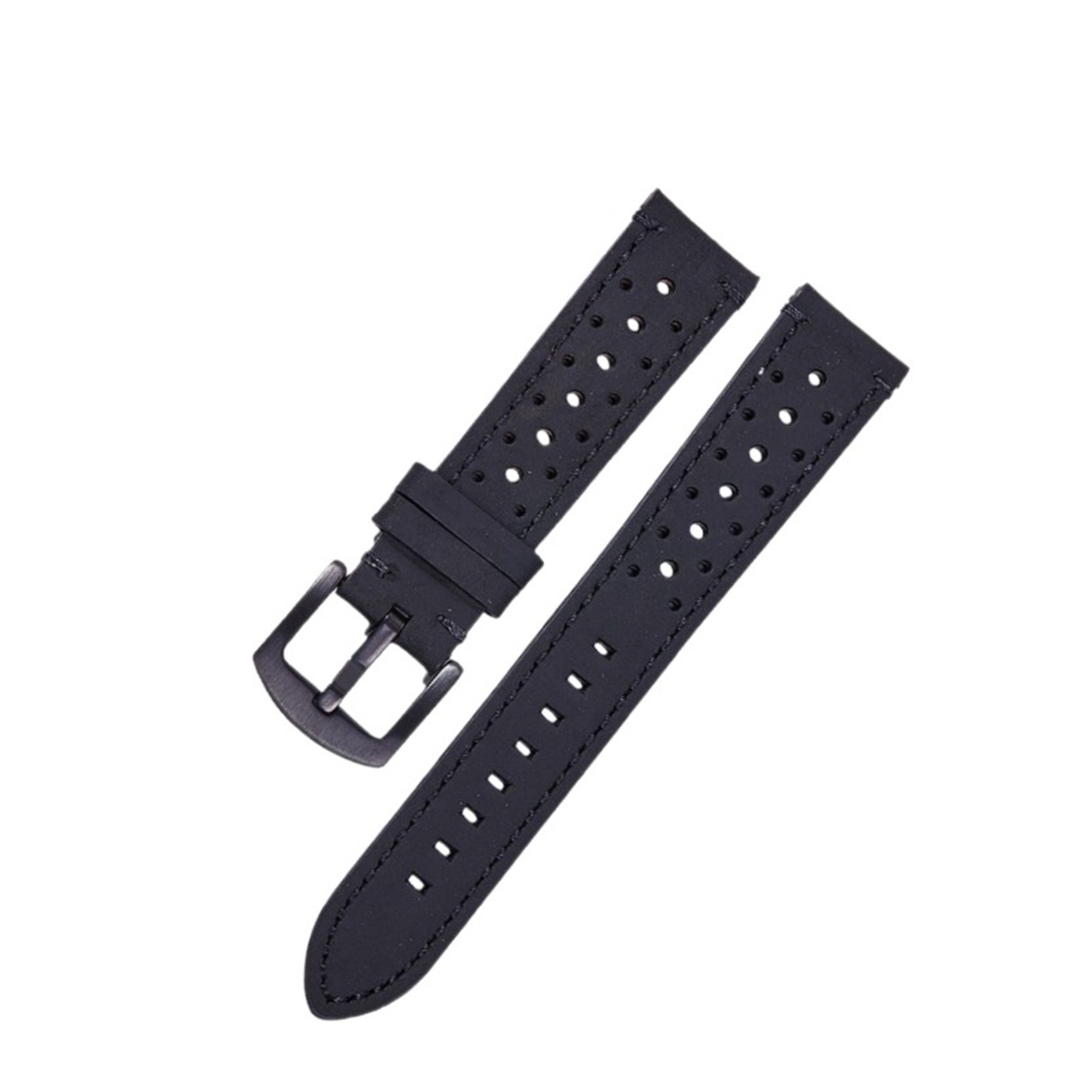 Schwarzes Uhrenarmband mit Löchern und einer Schnalle. Das Armband besteht aus einem strukturierten Material mit Nähten. Weißer Hintergrund.