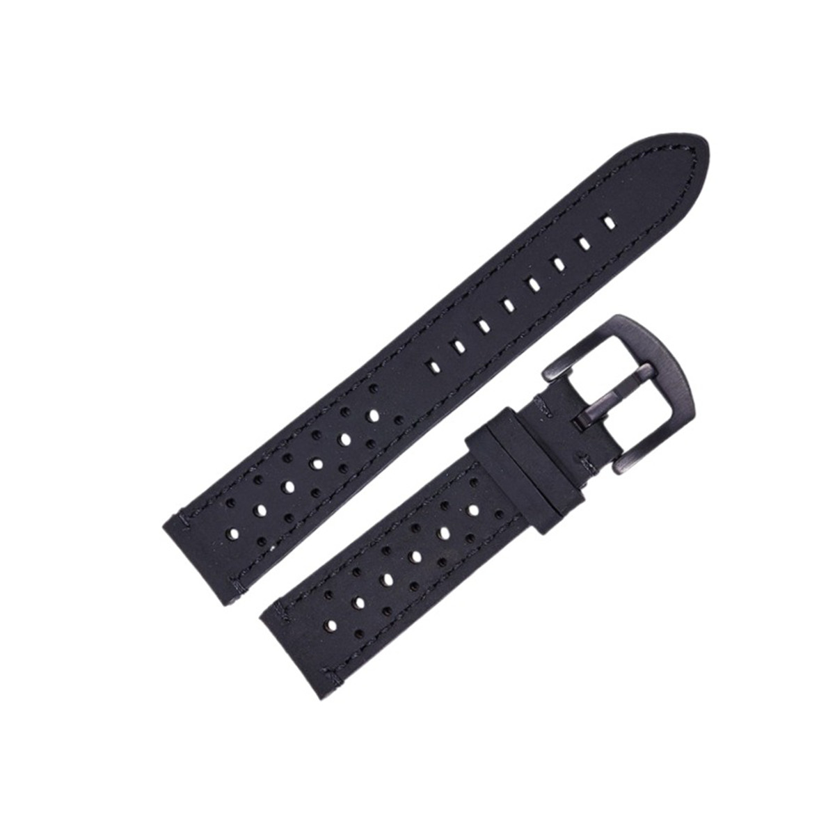 Zwei schwarze Uhrenarmbänder vor weißem Hintergrund. Das längere Band hat Löcher und Nähte; das kürzere hat eine Schnalle.