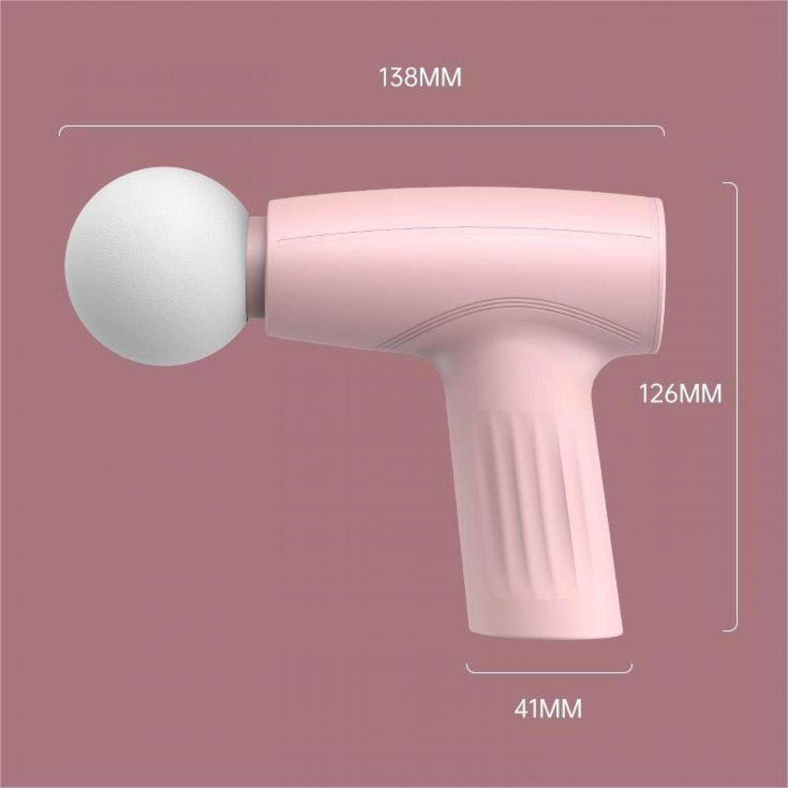 Eine rosa Massagepistole mit weißem Kugelkopf, Abmessungen: 138 mm, 126 mm und 41 mm, auf rosa Hintergrund.