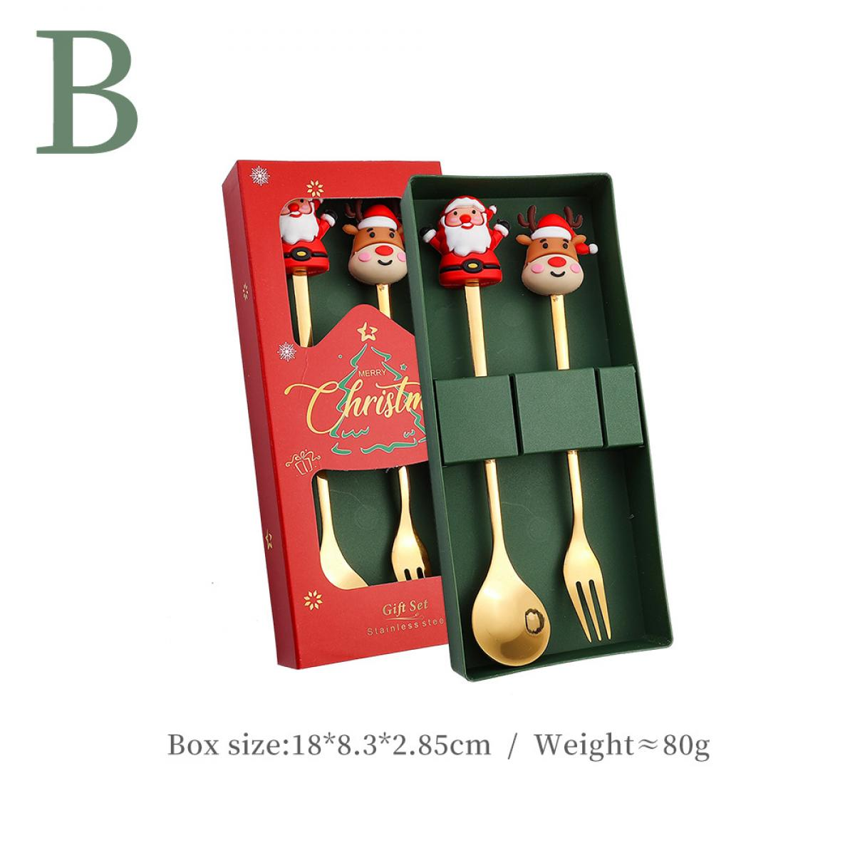 Ein Weihnachtsgeschenkset. Es hat Santa- und Rentierlöffel und -gabeln. Sie befinden sich in einer roten und grünen Box. Boxgröße: 18 * 8,3 * 2,85 cm.