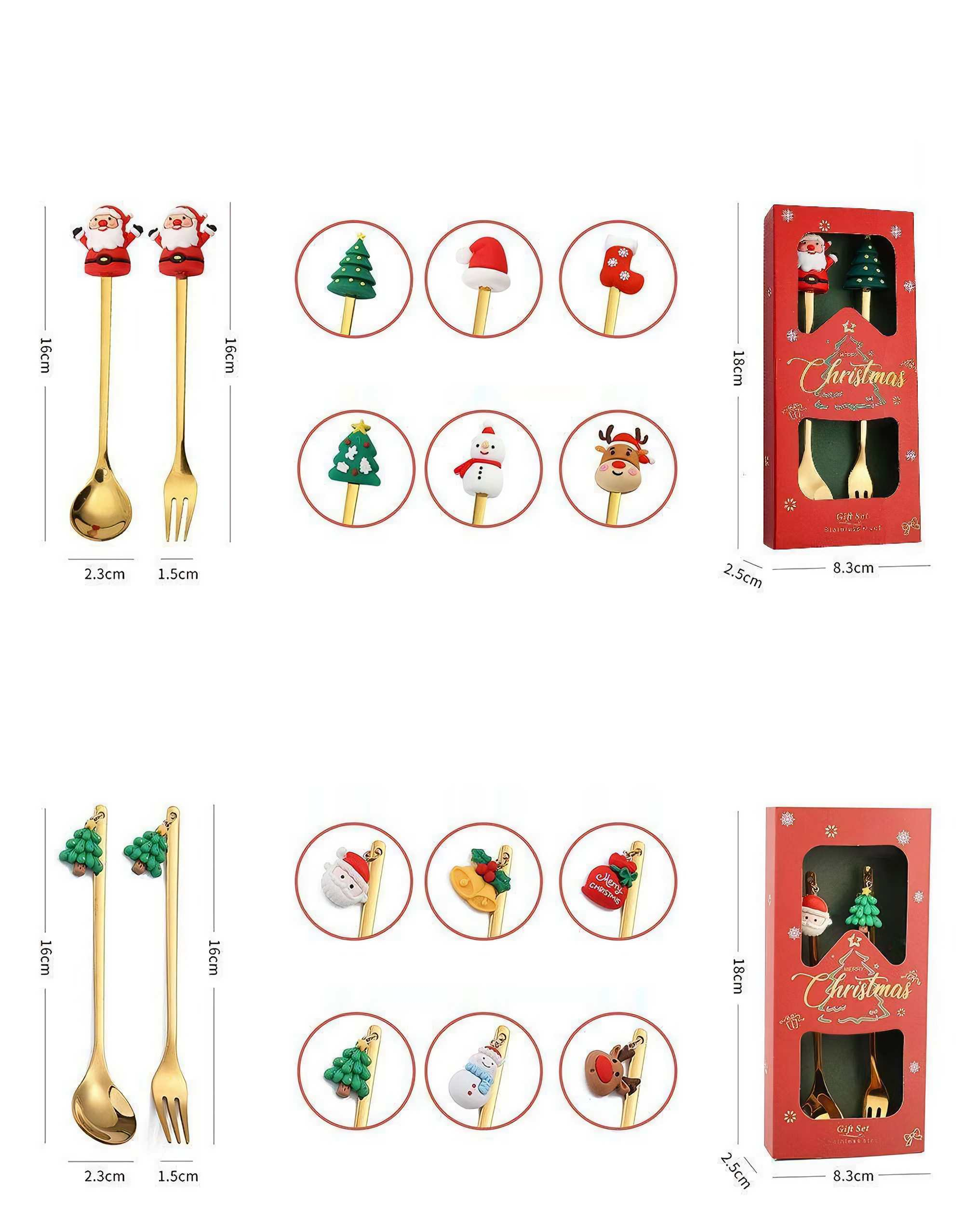 Weihnachts-Besteckset. Enthält Löffel, Gabeln und dekorative Aufsätze wie Weihnachtsmann, Bäume und Ornamente. Die Verpackung ist rot.