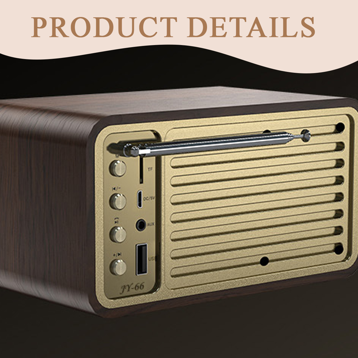 Ein Radio im Vintage-Stil mit Holzgehäuse und goldfarbener Frontplatte. Es hat Knöpfe, einen USB-Anschluss, eine Antenne und den Text 'JY-66'.