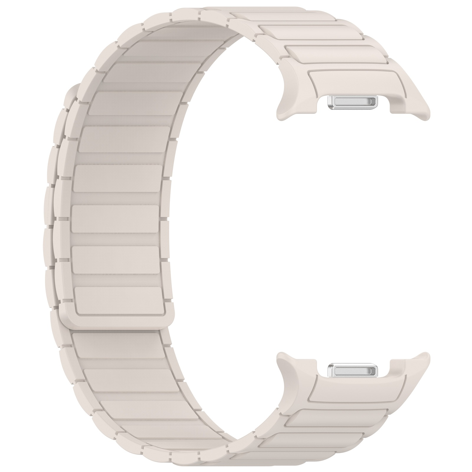 Ein gebogenes, cremefarbenes Uhrenarmband aus rechteckigen Gliedern mit Metallverschlüssen.