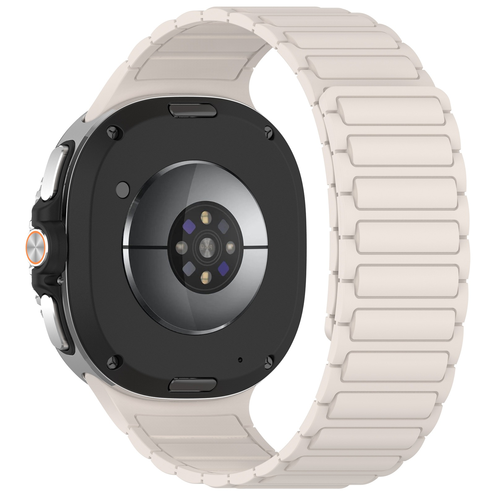 Eine Smartwatch mit weißem Armband. Die Uhr ist schwarz mit silbernen Akzenten. Das Armband ist hellbeige.