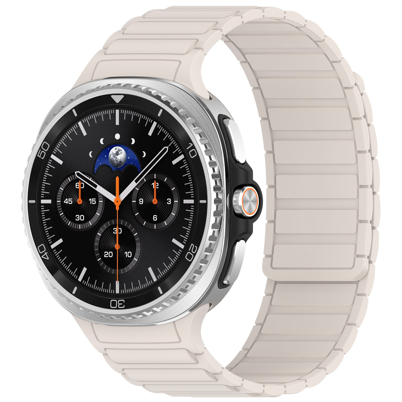 Eine Smartwatch mit schwarzem Zifferblatt und cremefarbenem Armband. Zeigt Zeit, Mondphase und Unterzifferblätter.