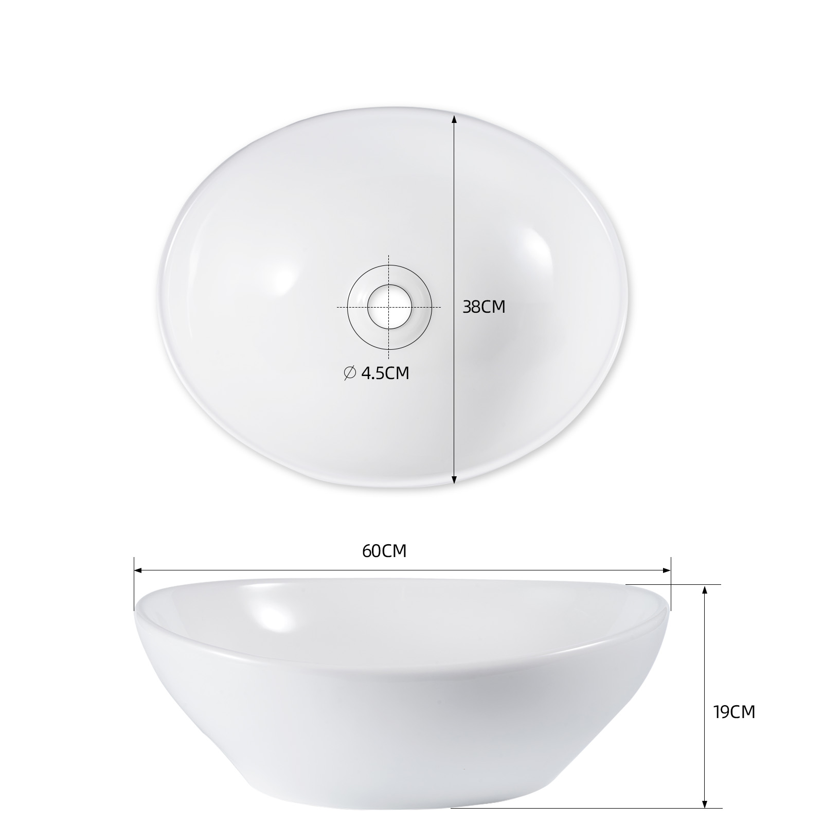 Biała ceramiczna umywalka. Widok z góry z średnicą 38 cm, otworem pośrodku i widok z boku o szerokości 60 cm i wysokości 19 cm.