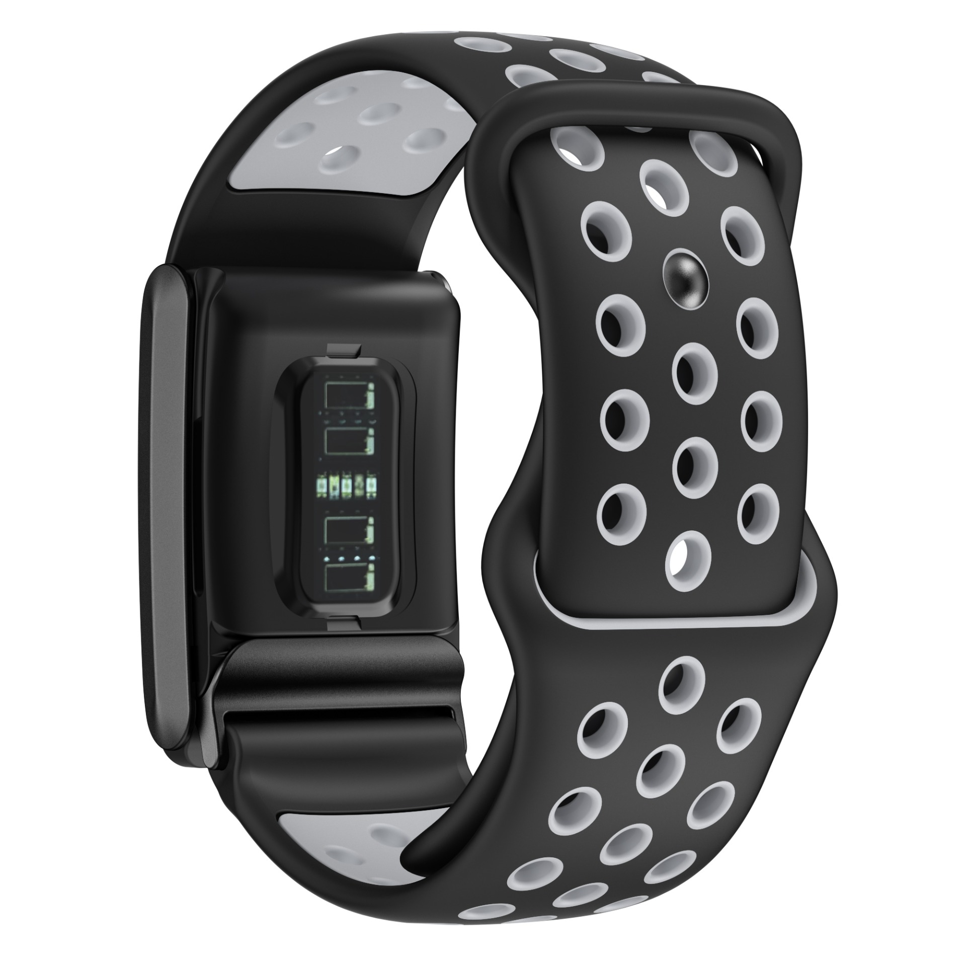 Fitness tracker bianco e nero. Il cinturino ha fori e lo schermo mostra dati. Lo sfondo è bianco.