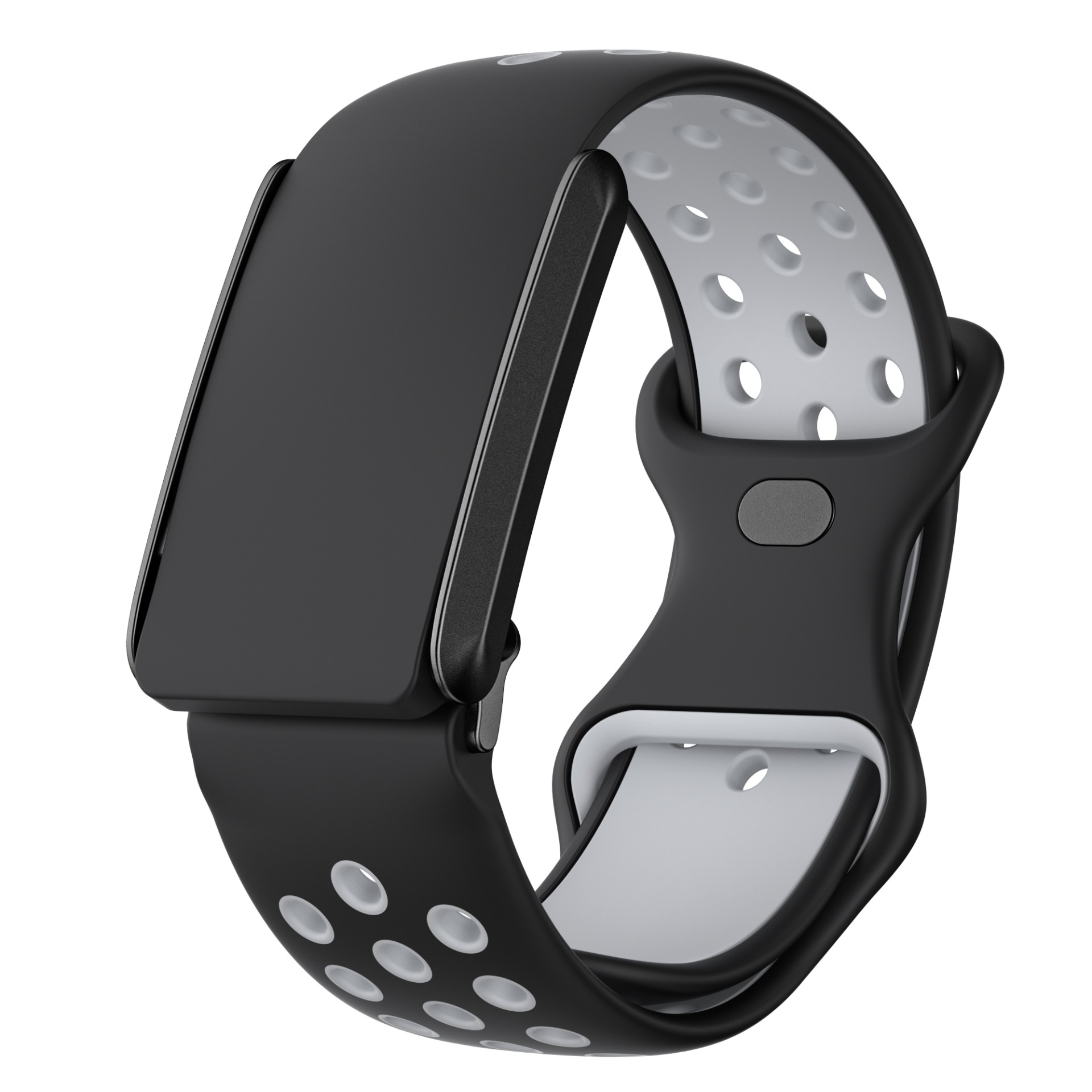 Un cinturino per smartwatch nero e grigio, con schermo nero. Il cinturino ha fori perforati bianchi.