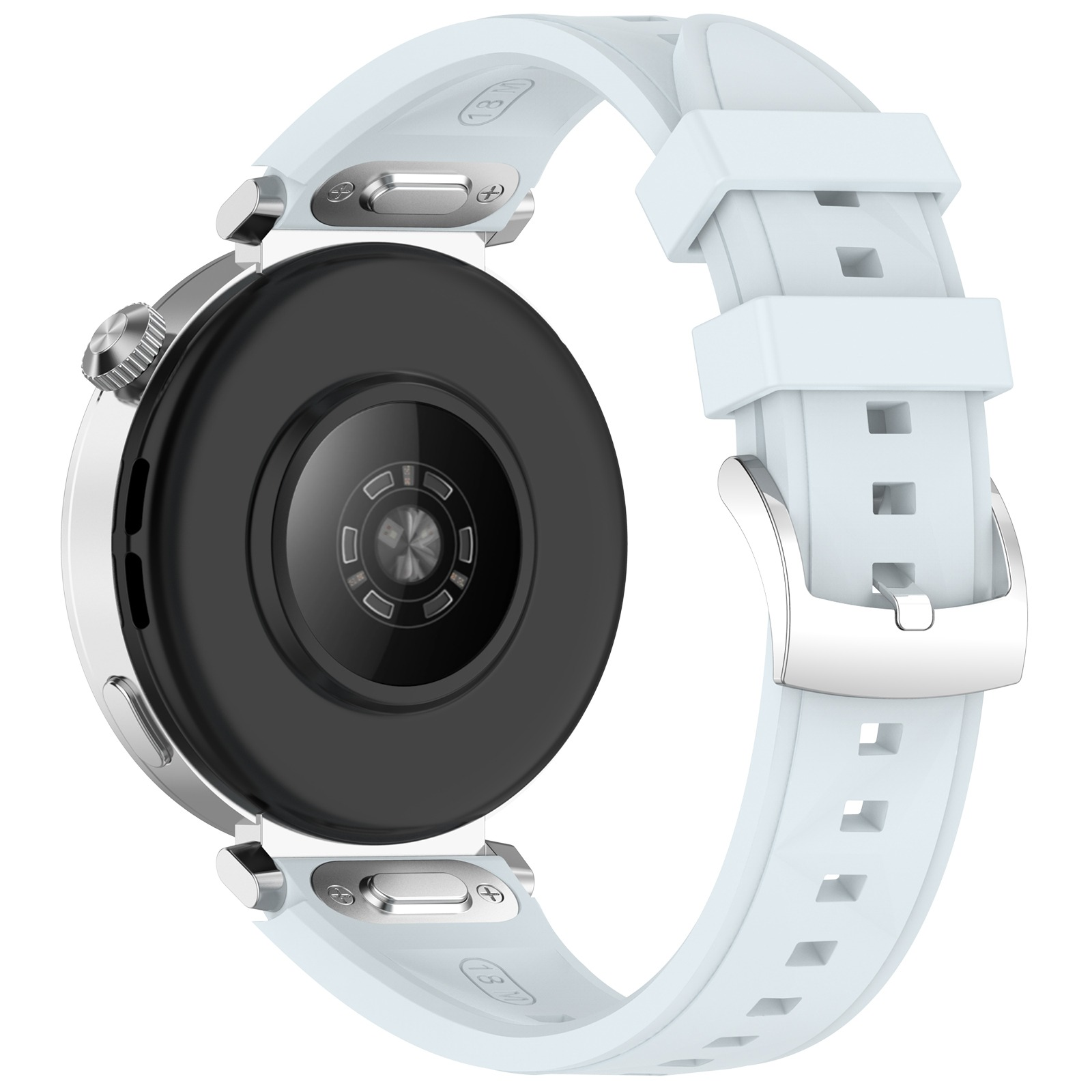 Eine silberne Smartwatch mit weißem Armband. Das Zifferblatt ist schwarz. Das Armband ist mit silberner Hardware befestigt.