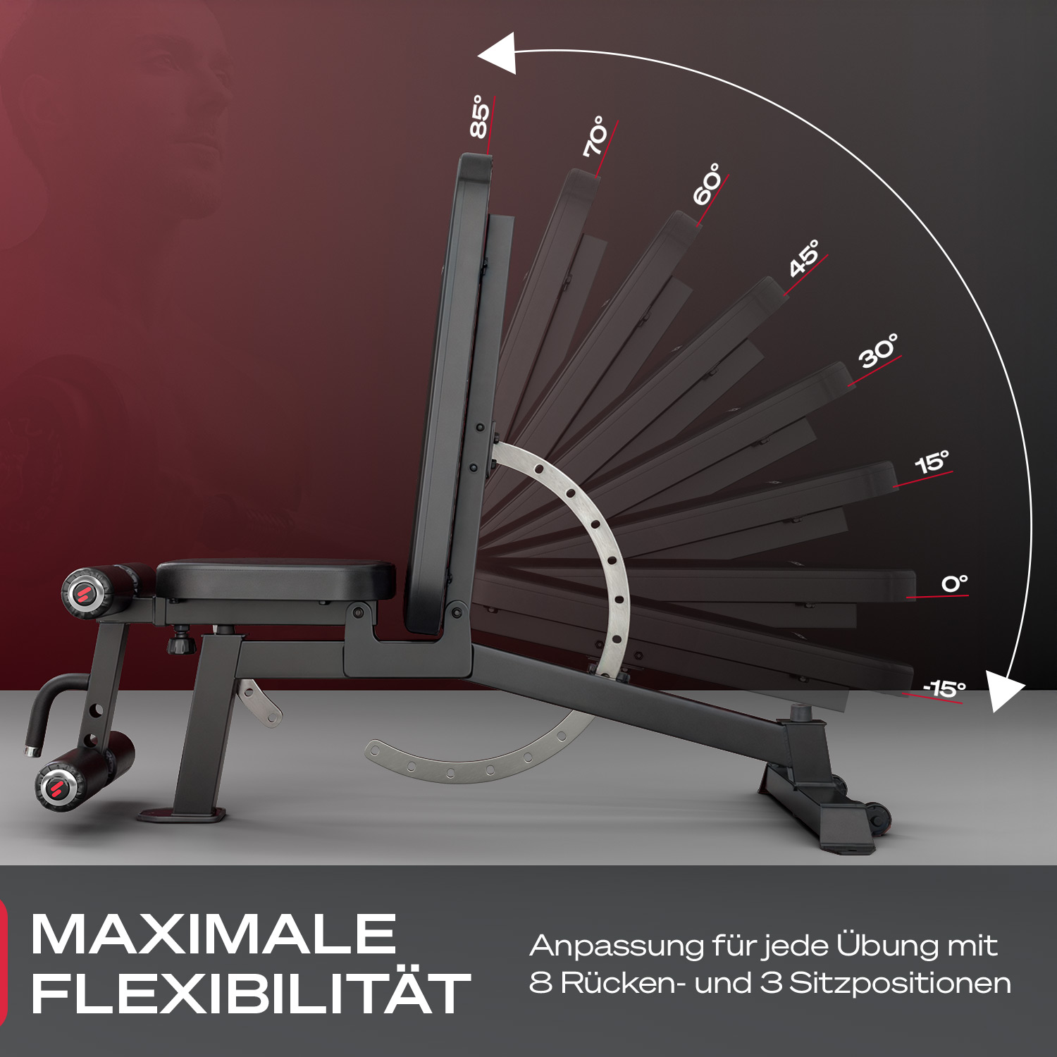 Schwarze, verstellbare Hantelbank mit mehreren Winkeleinstellungen. Zeigt Rückenlehnenpositionen von -15° bis 85°. Text: MAXIMALE FLEXIBILITÄT.