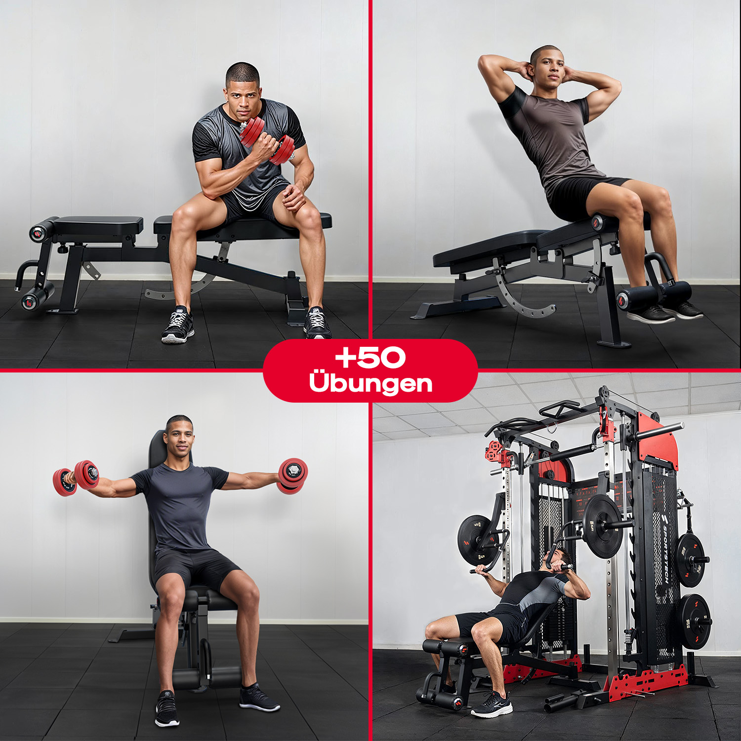 Vier Bilder, die Männer beim Training mit Fitnessgeräten zeigen. Sie verwenden Gewichte und Maschinen in einem Fitnessstudio.
