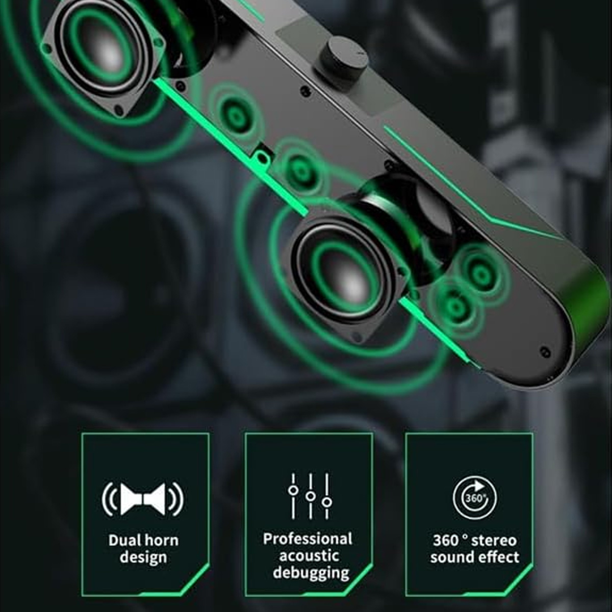 Ein Lautsprecher mit drei Lautsprechern und grünen Schallwelleneffekten. Der Lautsprecher hat Bedienelemente und Marketing-Symbole für Funktionen wie Stereo-Sound.