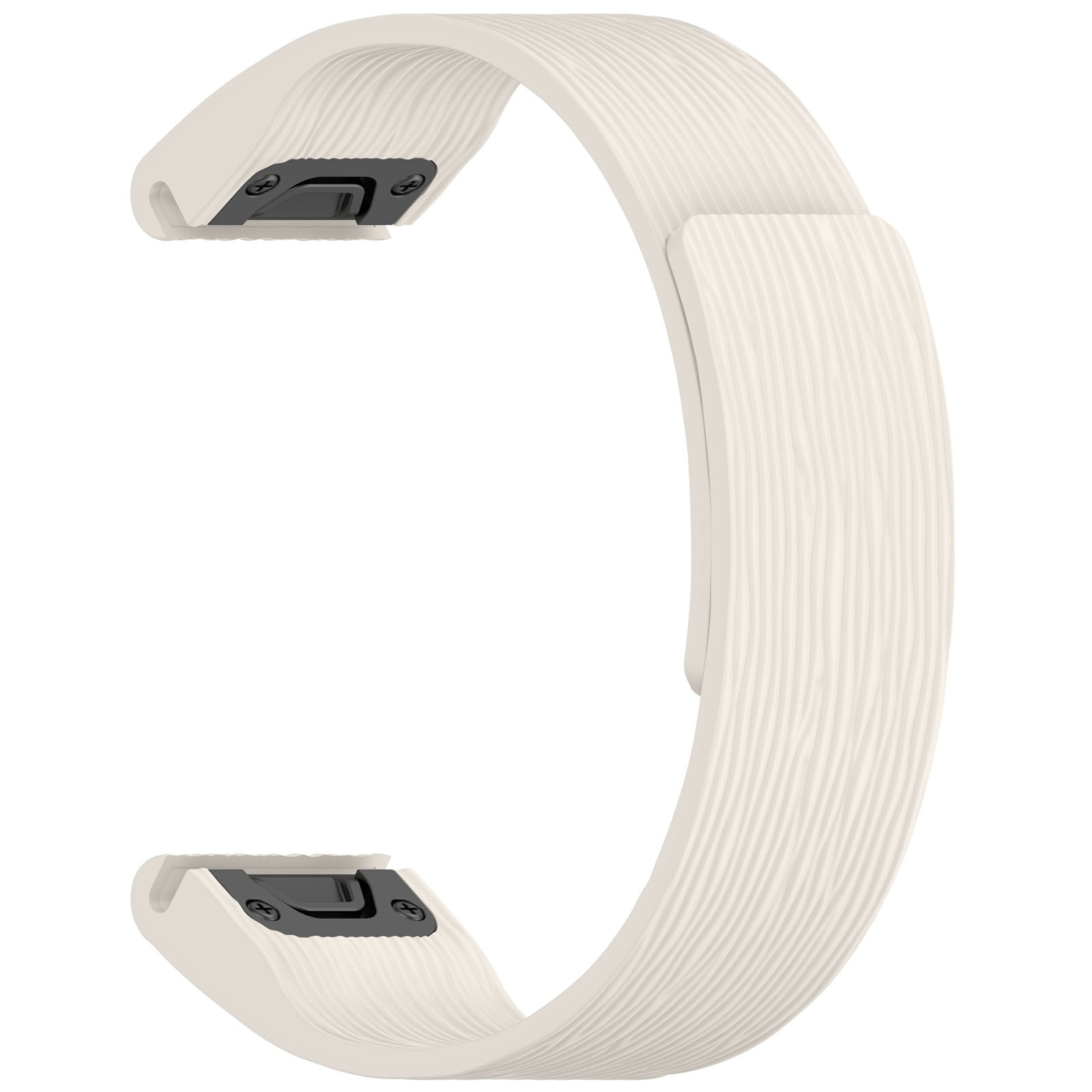 Cremefarbenes Uhrenarmband. Mit strukturierter Oberfläche und schwarzen Metallverschlüssen an beiden Enden.