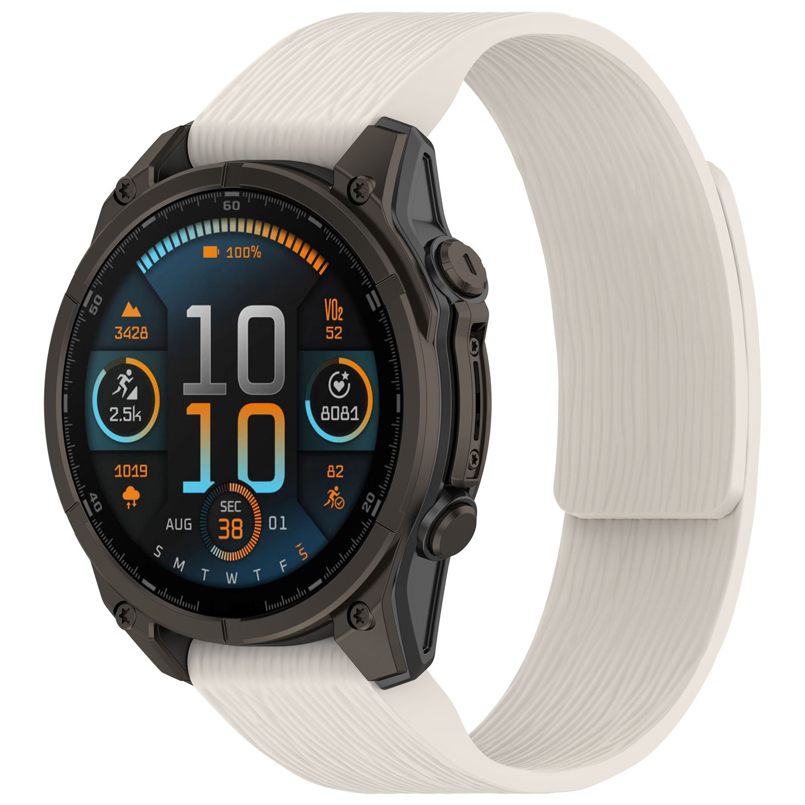 Eine Digitaluhr mit weißem Armband. Das Zifferblatt zeigt Zeit, Gesundheitsmetriken und eine Batteriestandsanzeige.